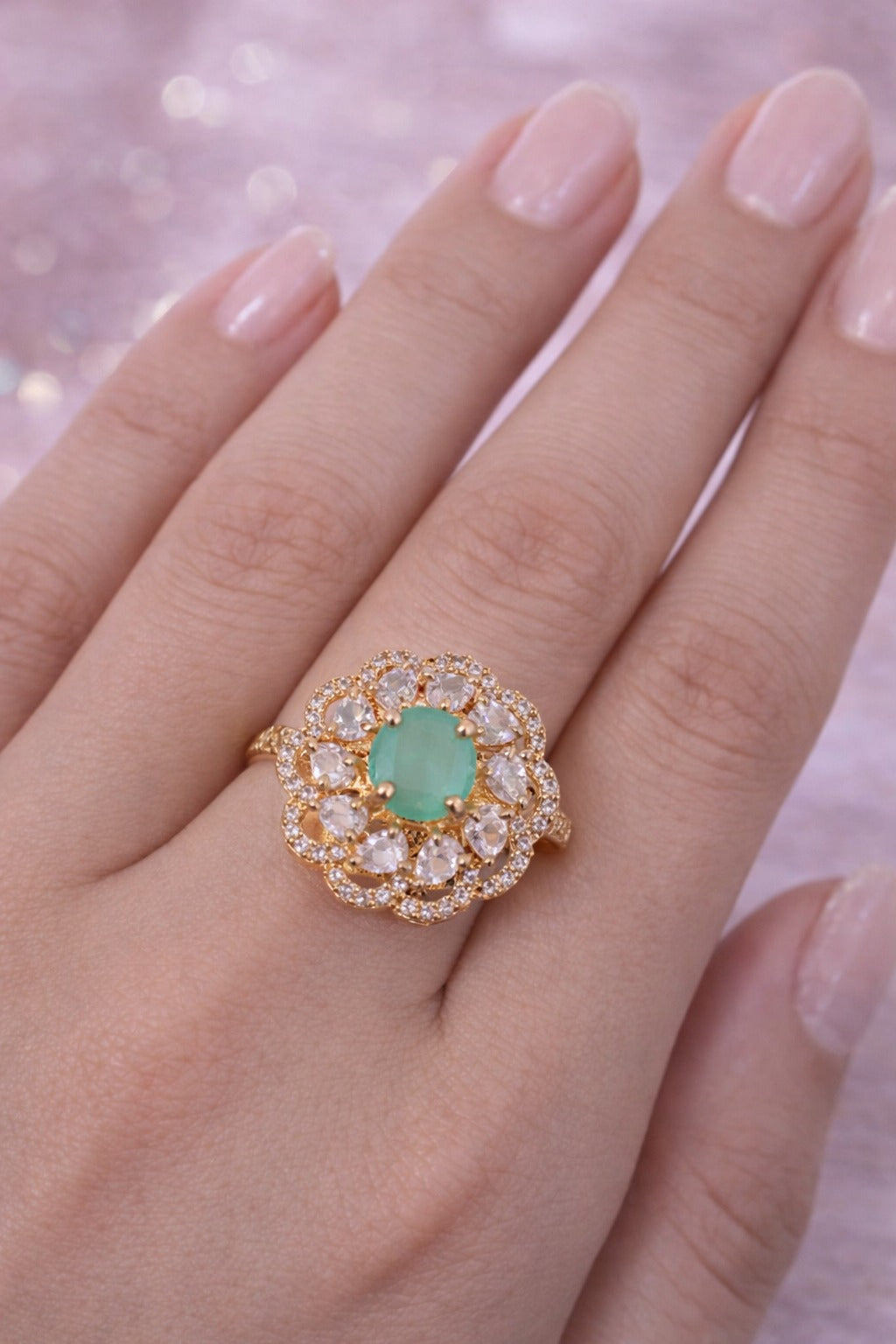 Aqua Mint Floral Halo Statement Ring