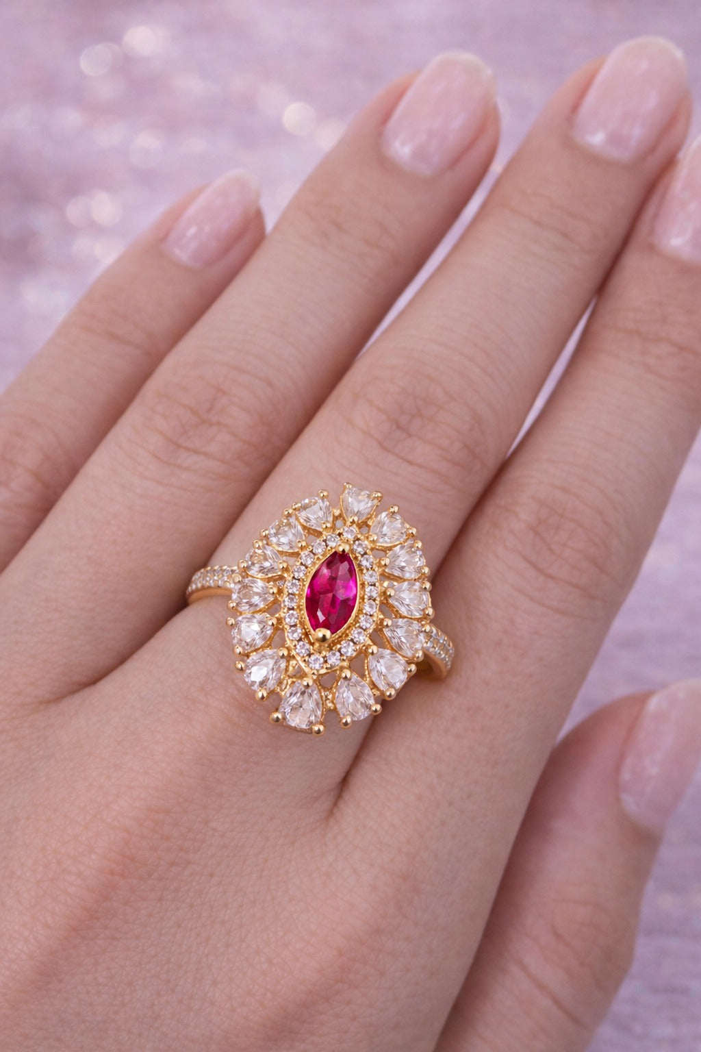 Royal Rose Pink Marquise Halo Statement Ring