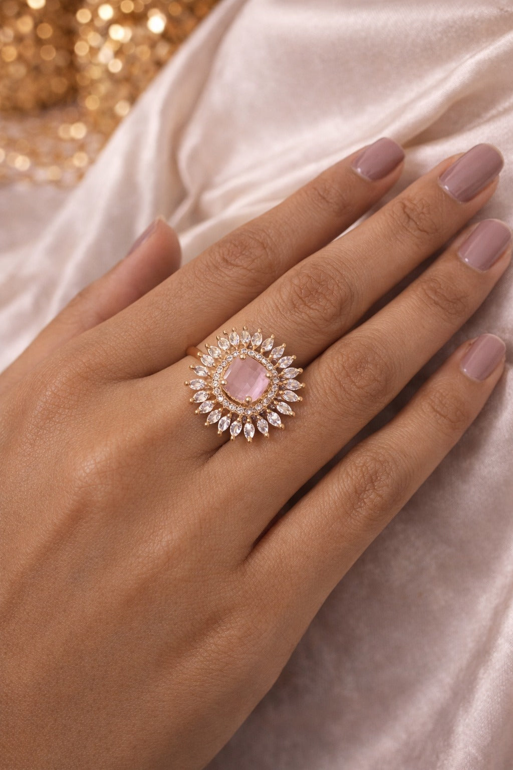 Blush Pink Halo Floral Statement Ring in Gold Tone