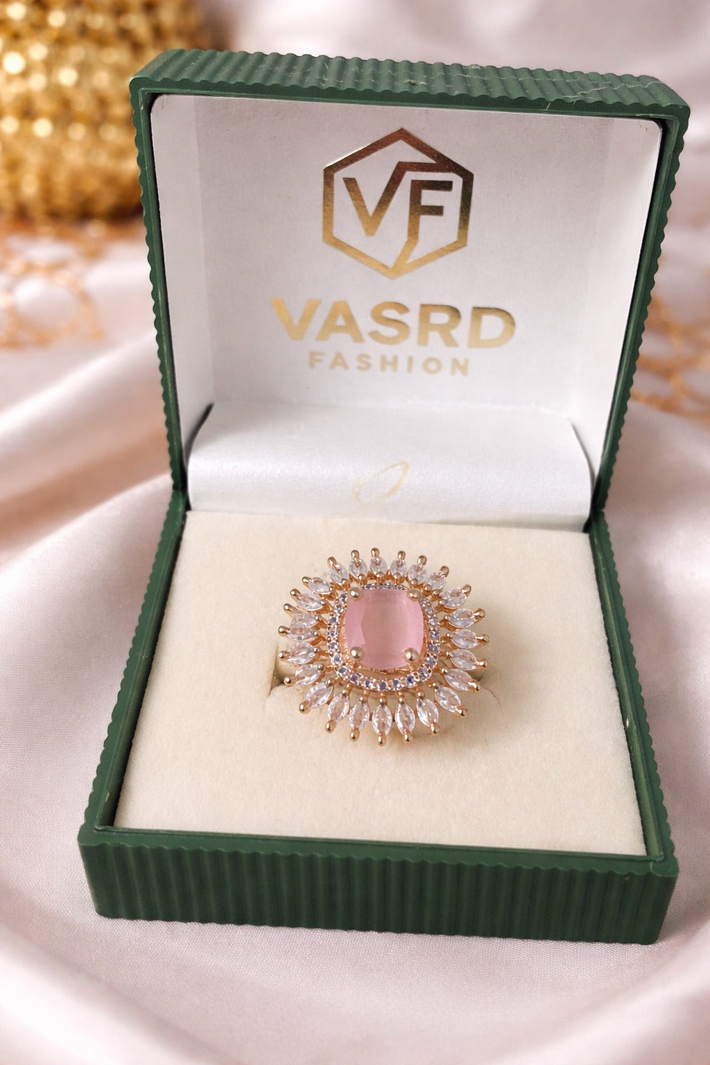 Blush Pink Halo Floral Statement Ring in Gold Tone