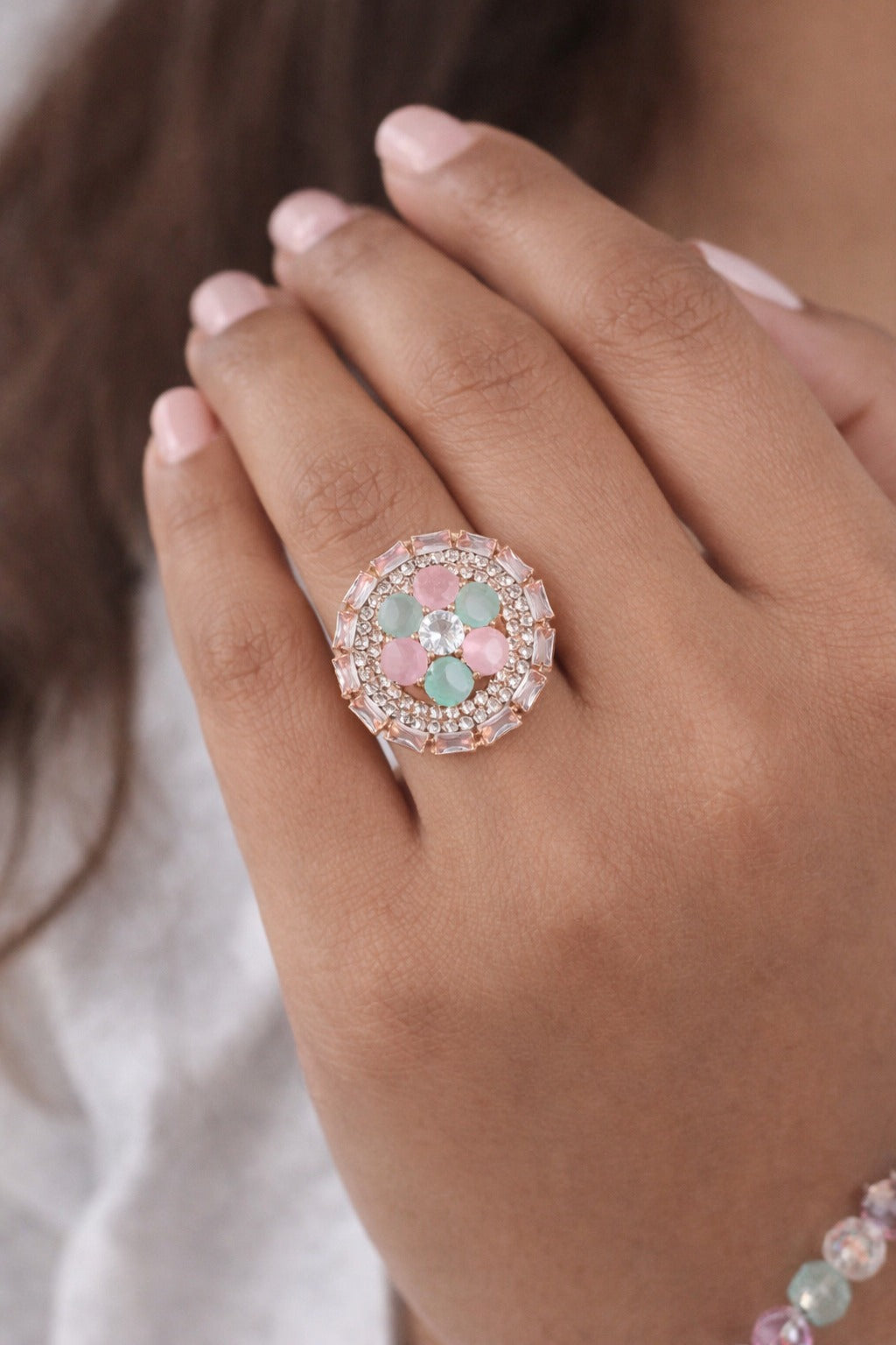 Pastel Bloom Multi-Stone Halo Statement Ring