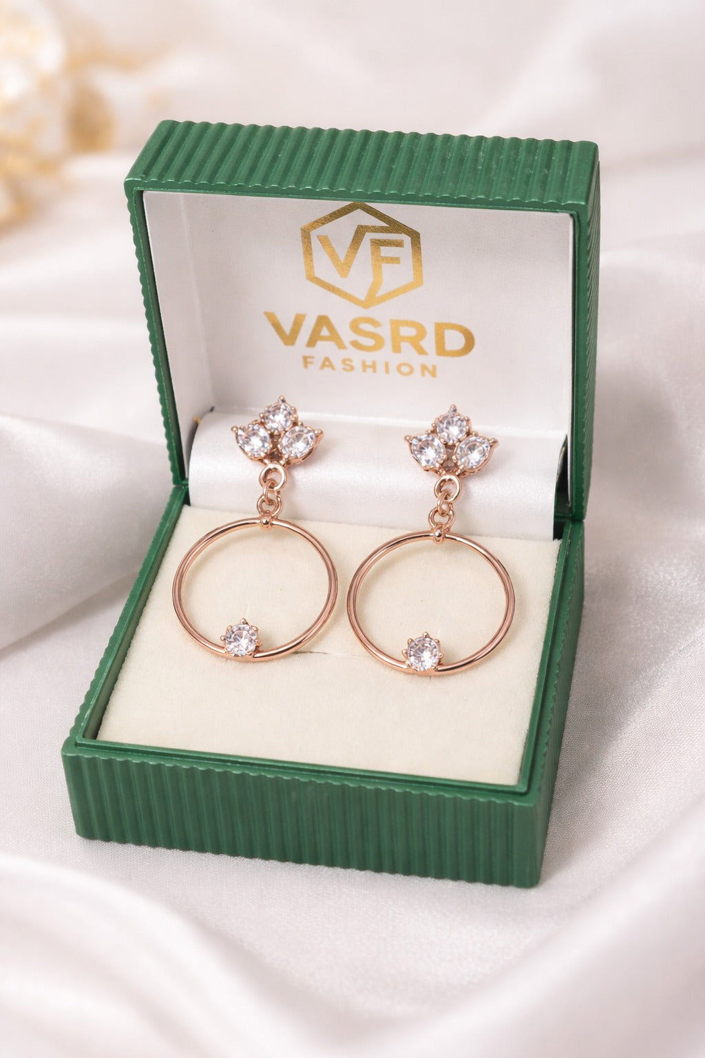 Elegant Rose Gold Crystal Floral Hoop Drop Earrings