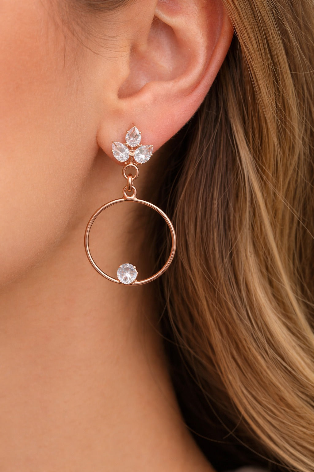 Elegant Rose Gold Crystal Floral Hoop Drop Earrings