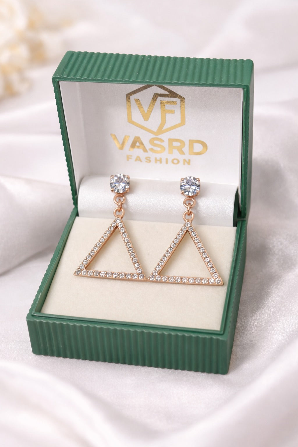 Rose Gold Crystal Triangle Drop Statement Earrings