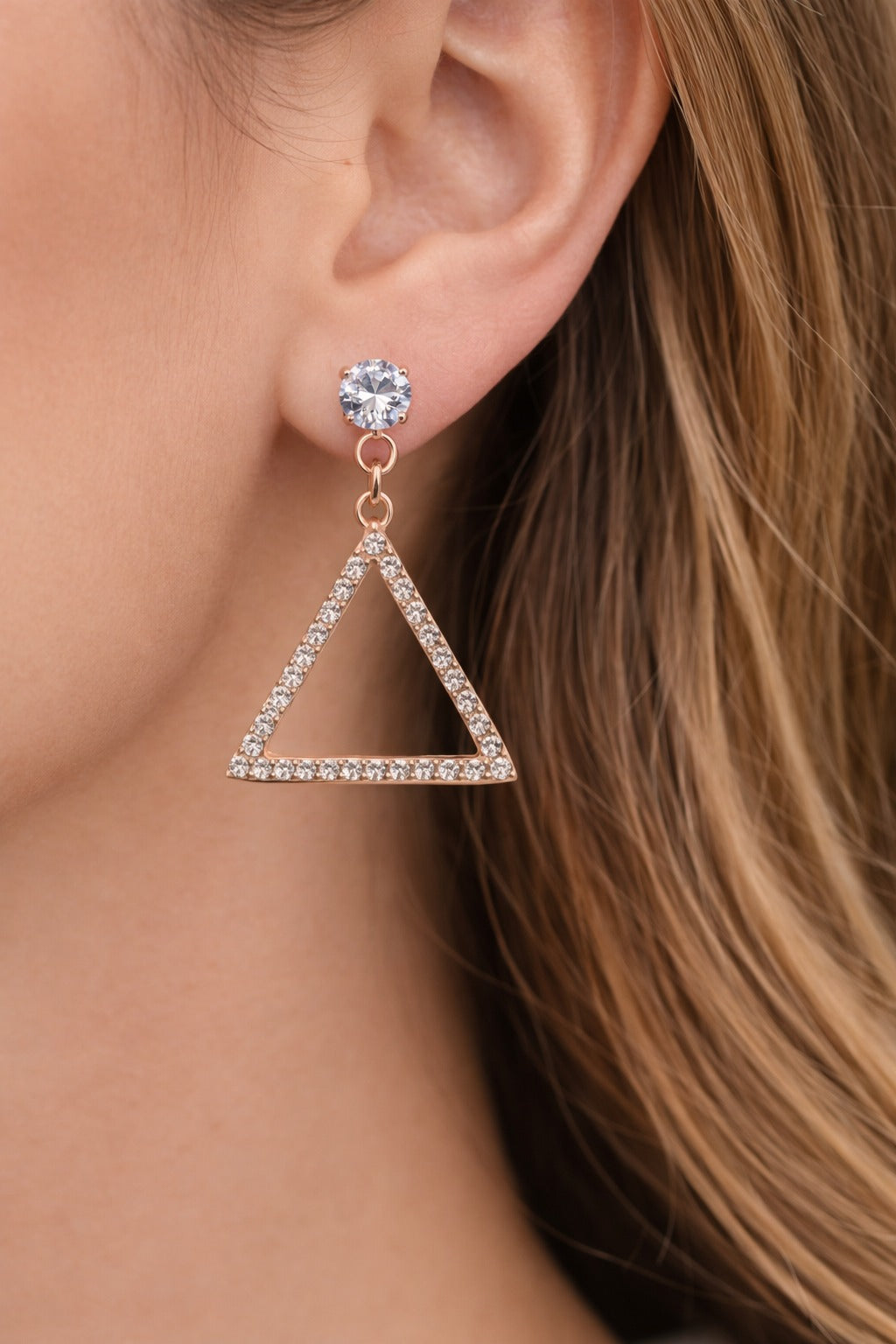 Rose Gold Crystal Triangle Drop Statement Earrings