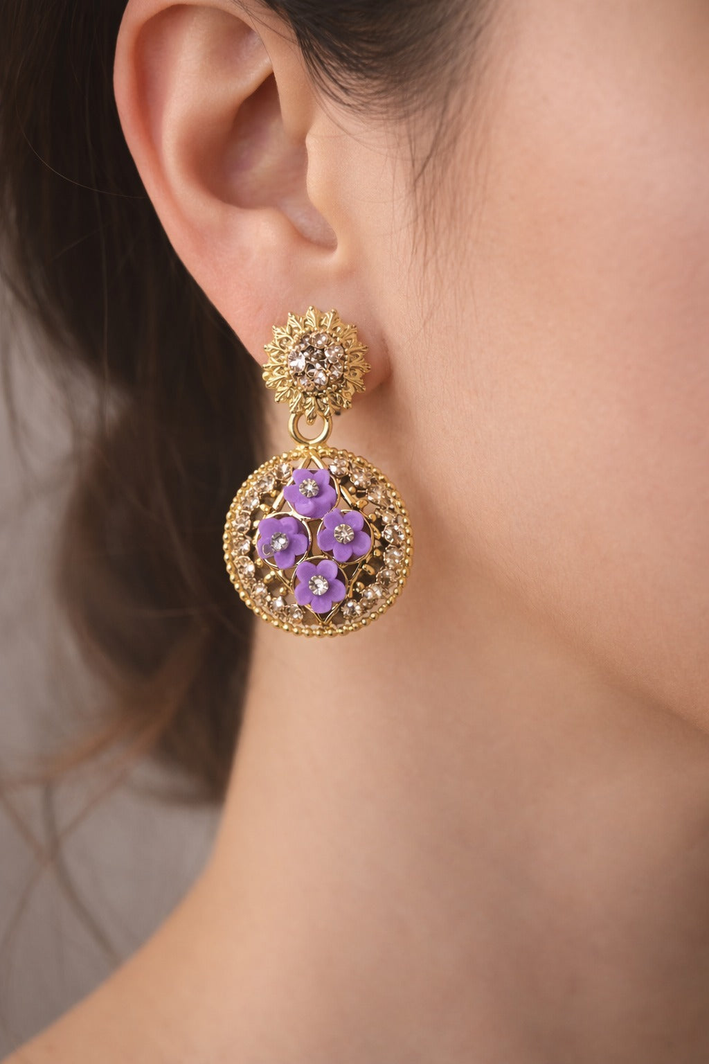 Royal Gold Floral Crystal Drop Earrings