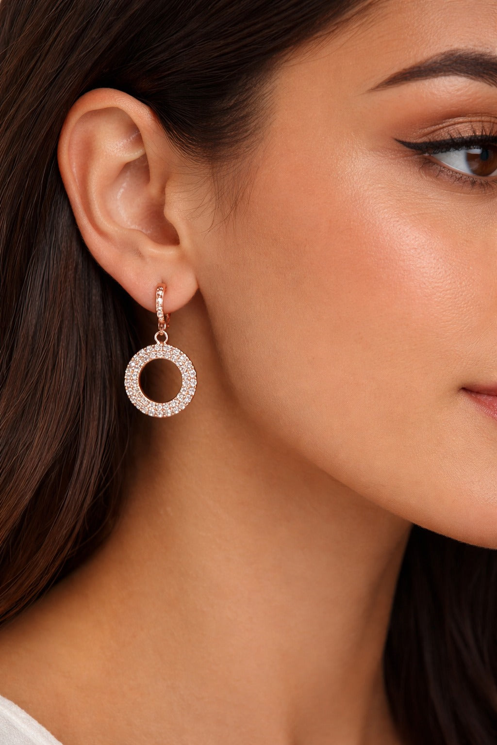 Sparkling Rose Gold Halo Diamond Hoop Drops