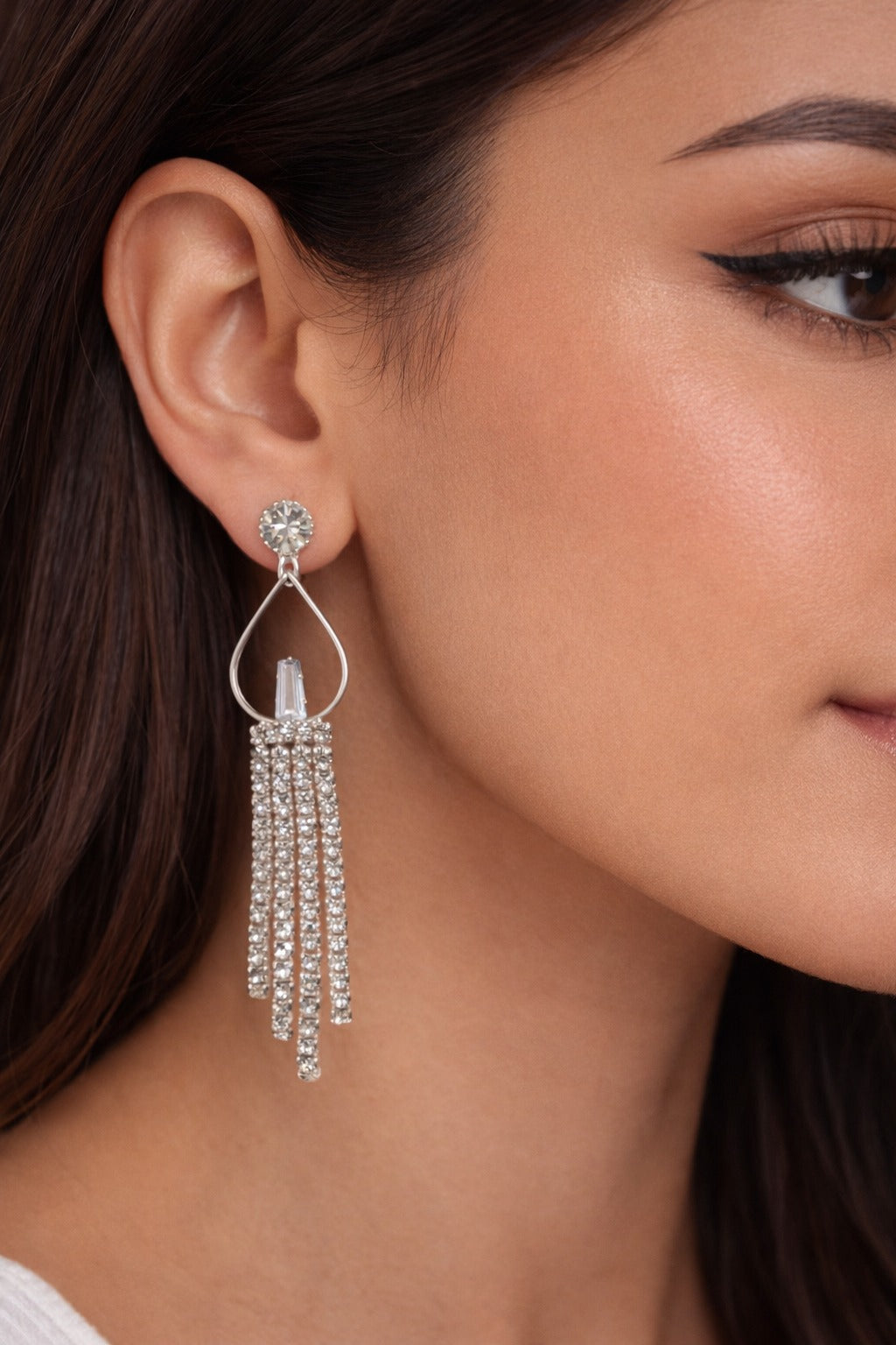 Silver Diamond Tassel Drop Earrings