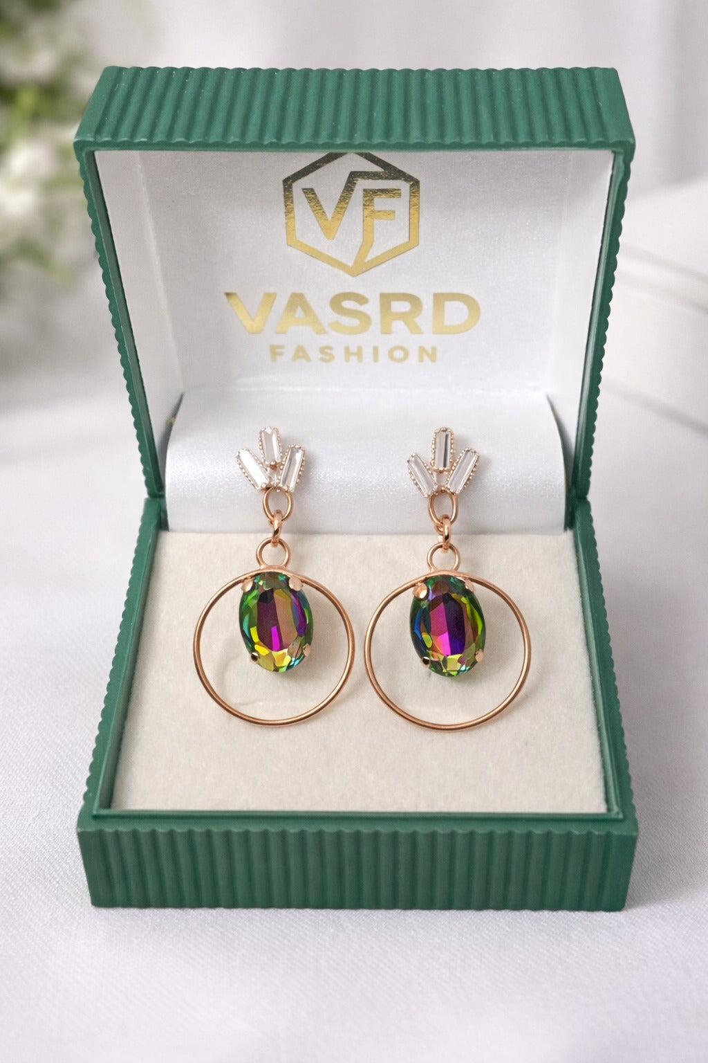 Rose Gold Multicolor Crystal Drop Hoop Earrings
