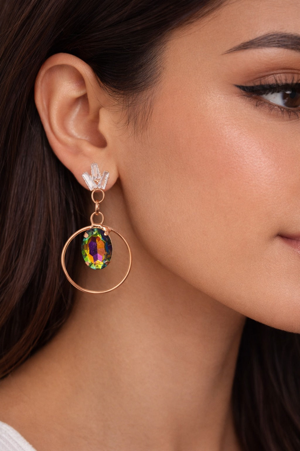 Rose Gold Multicolor Crystal Drop Hoop Earrings