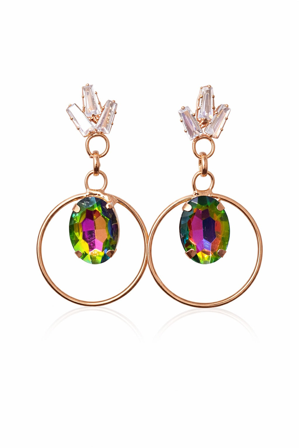 Rose Gold Multicolor Crystal Drop Hoop Earrings