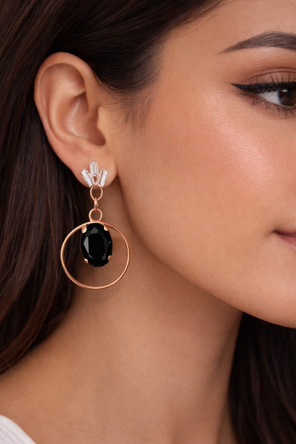 Designer Rose Gold Black Onyx Style Drop Earrings
