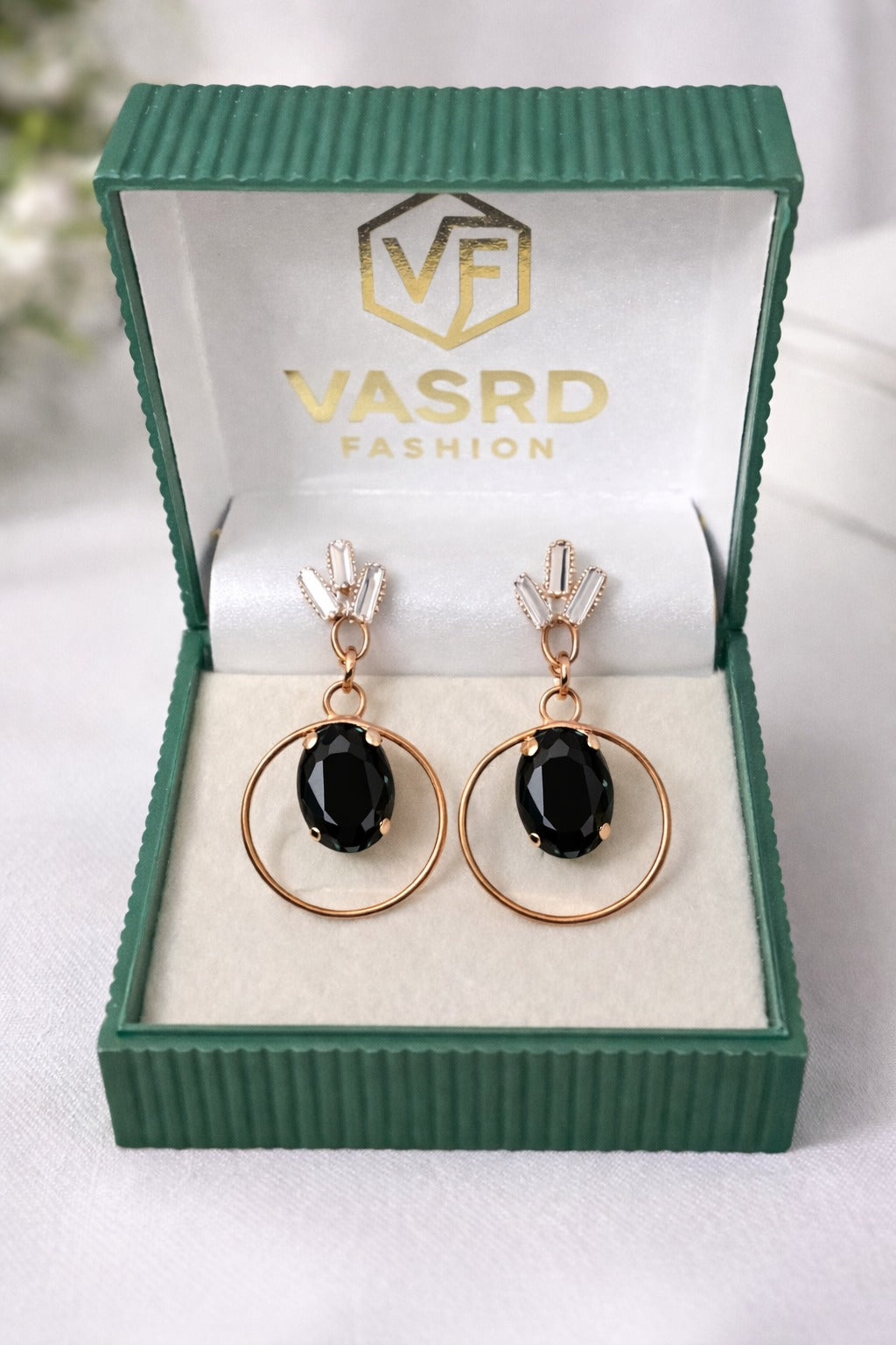 Designer Rose Gold Black Onyx Style Drop Earrings