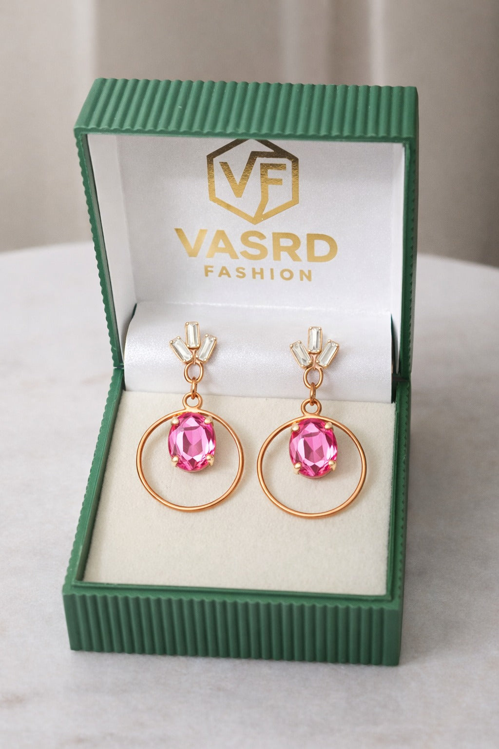 Rose Gold Pink Stone Drop Hoop Earrings