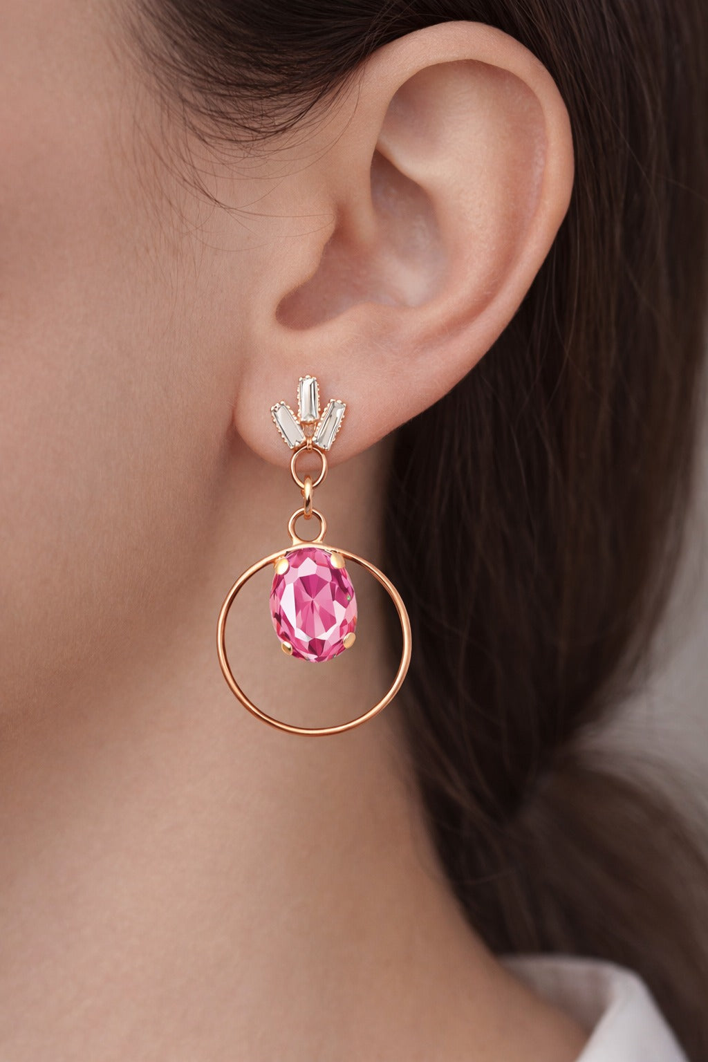 Rose Gold Pink Stone Drop Hoop Earrings