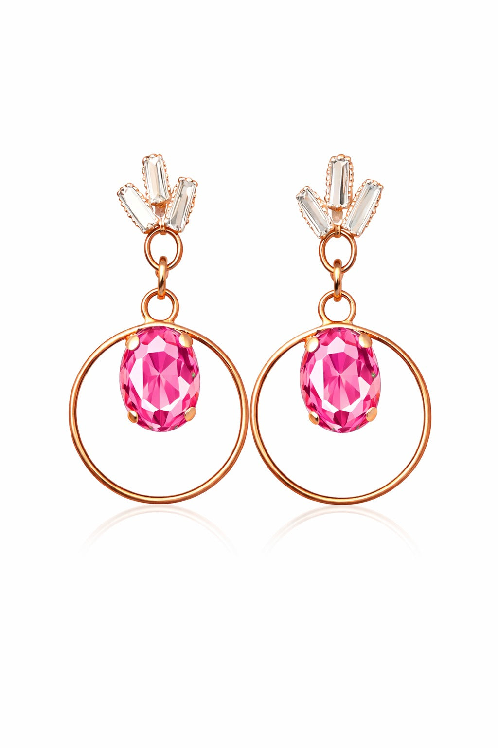 Rose Gold Pink Stone Drop Hoop Earrings