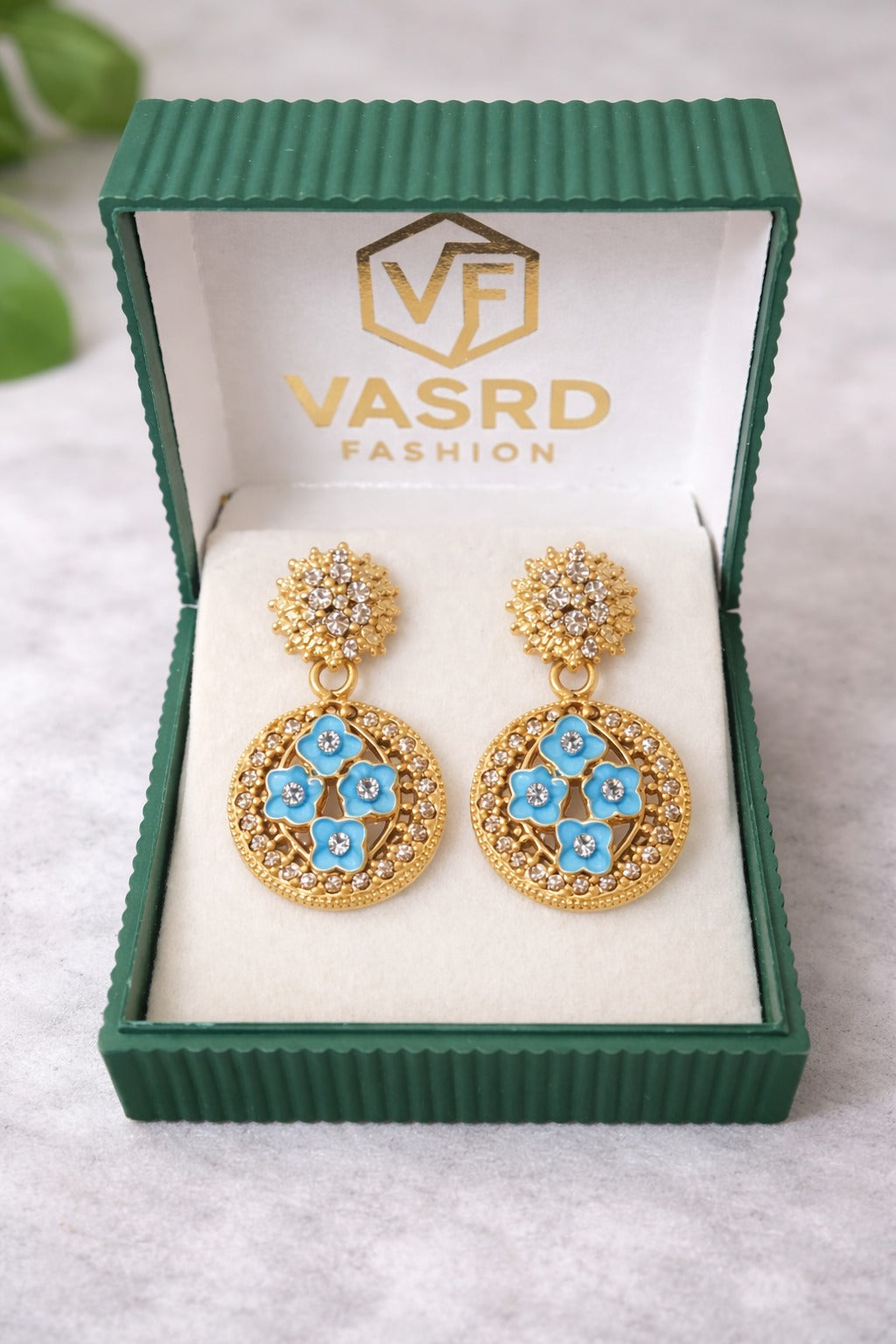 Sky Blue Floral Gold Drop Earrings