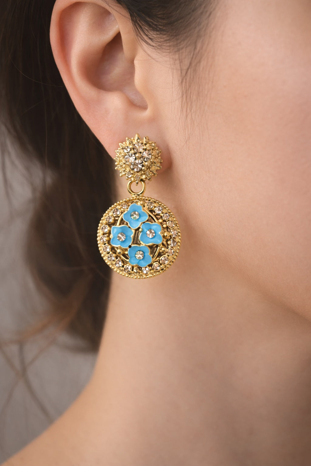 Sky Blue Floral Gold Drop Earrings