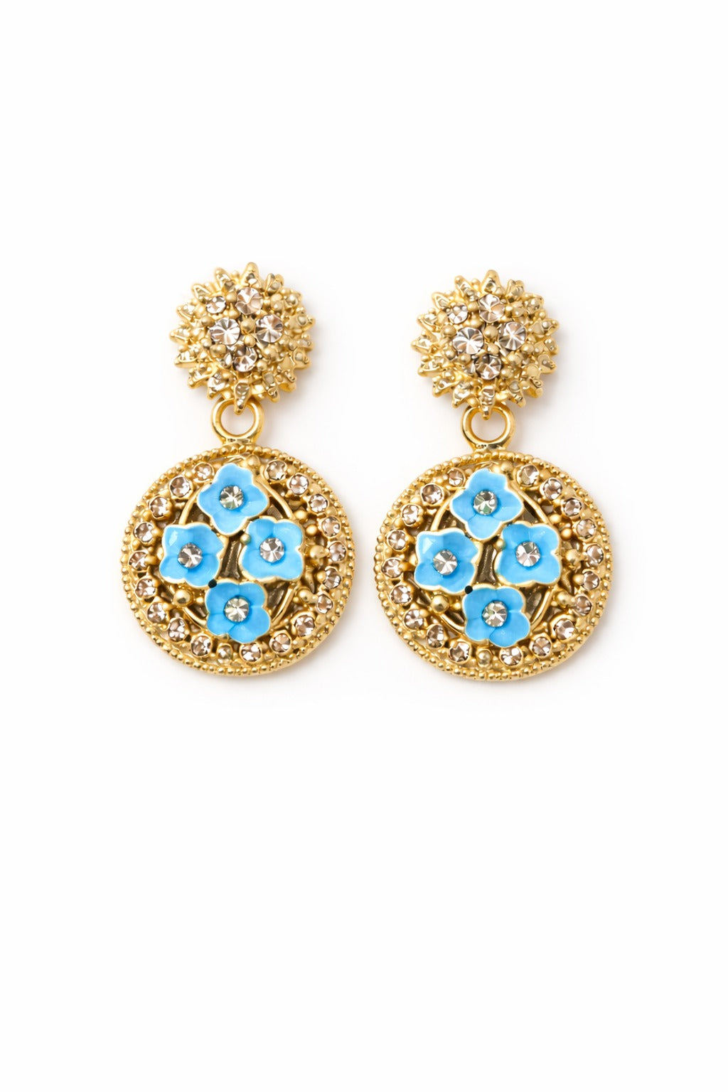 Sky Blue Floral Gold Drop Earrings