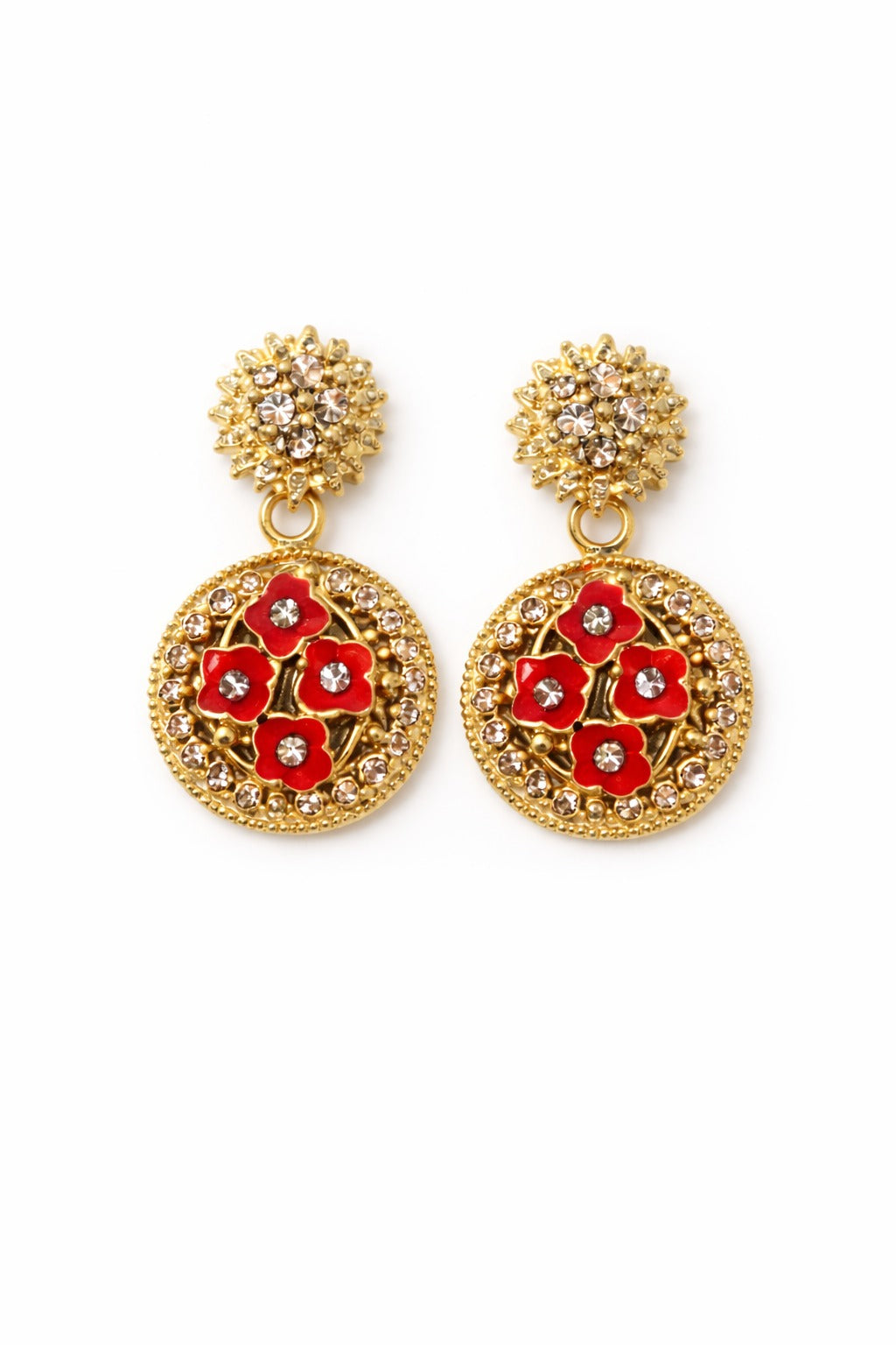 Red Floral Gold Drop Earrings