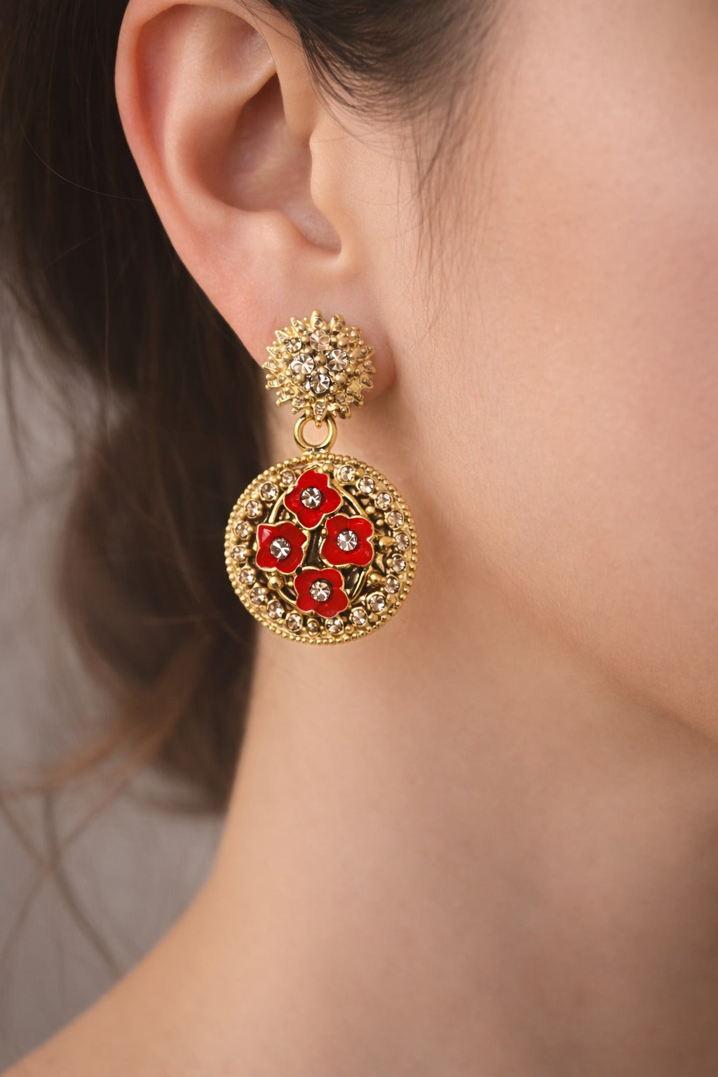 Red Floral Gold Drop Earrings