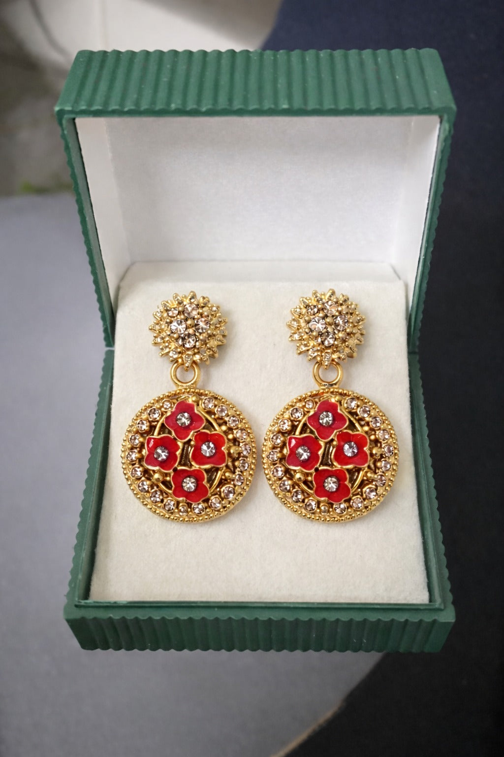 Red Floral Gold Drop Earrings