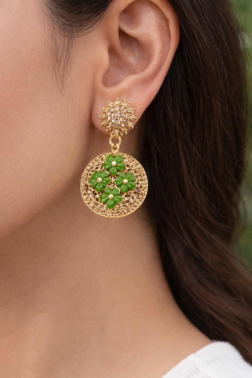 Green Floral Gold Drop Earrings