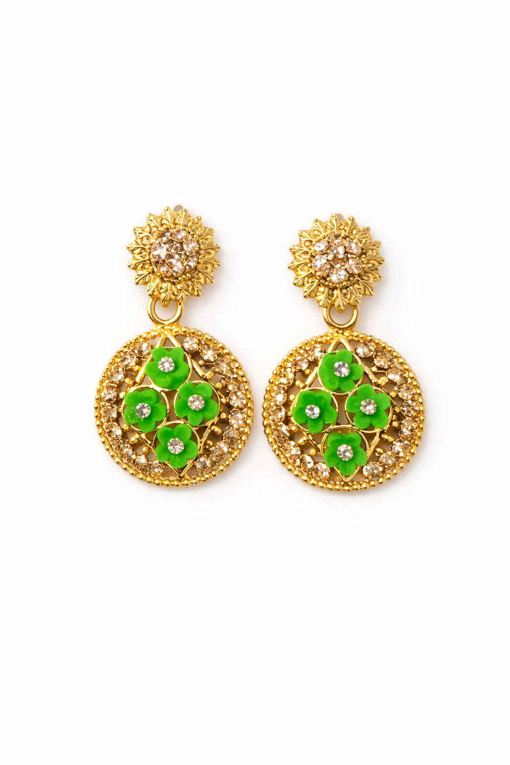 Green Floral Gold Drop Earrings