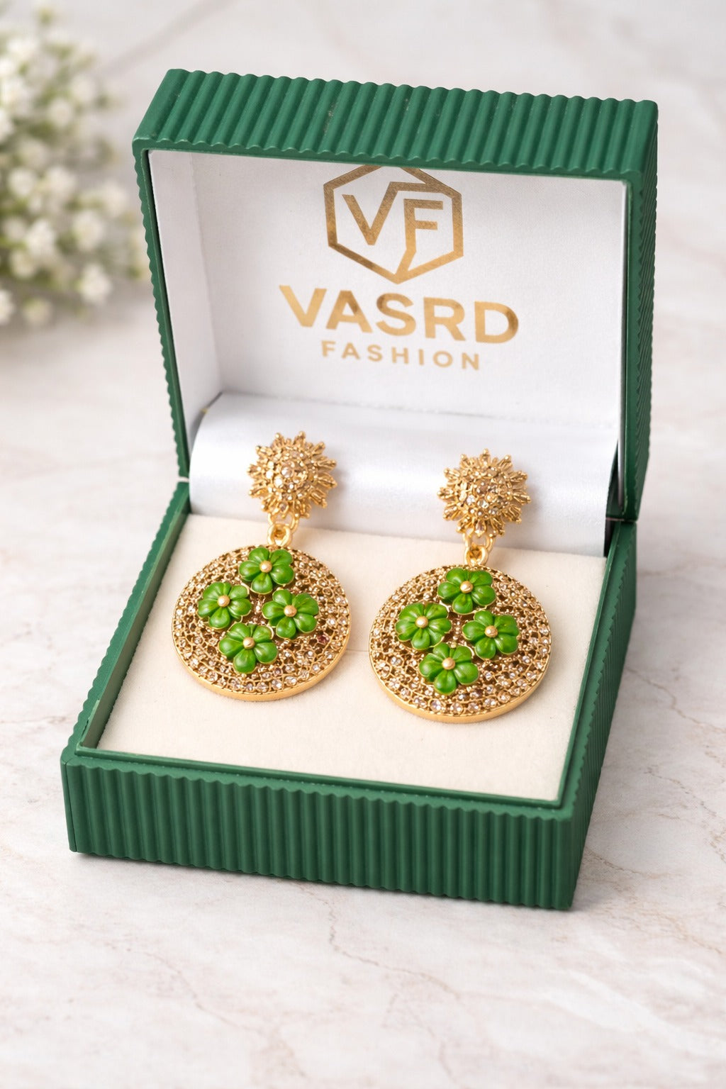 Green Floral Gold Drop Earrings