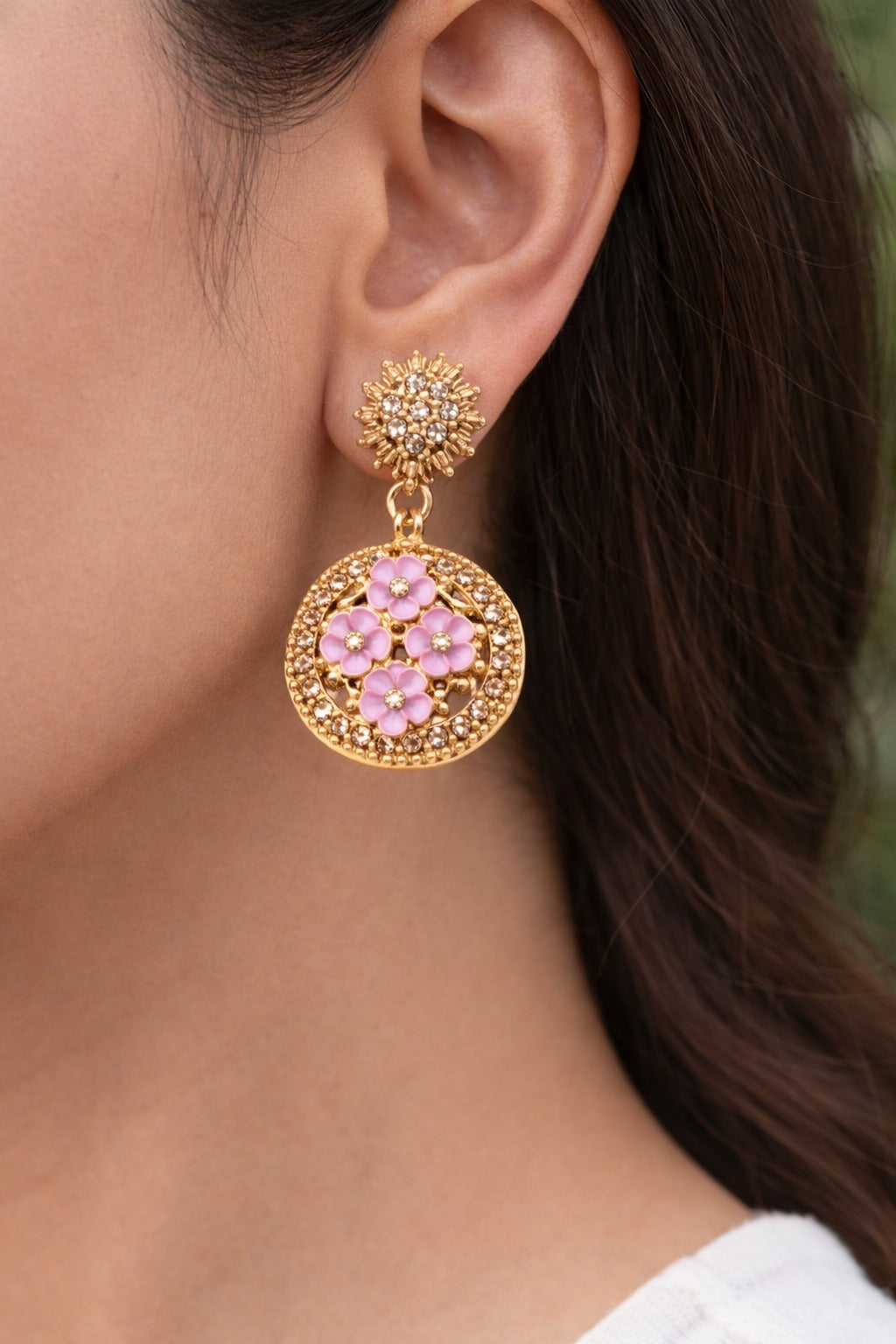 Pink Floral Gold Drop Earrings