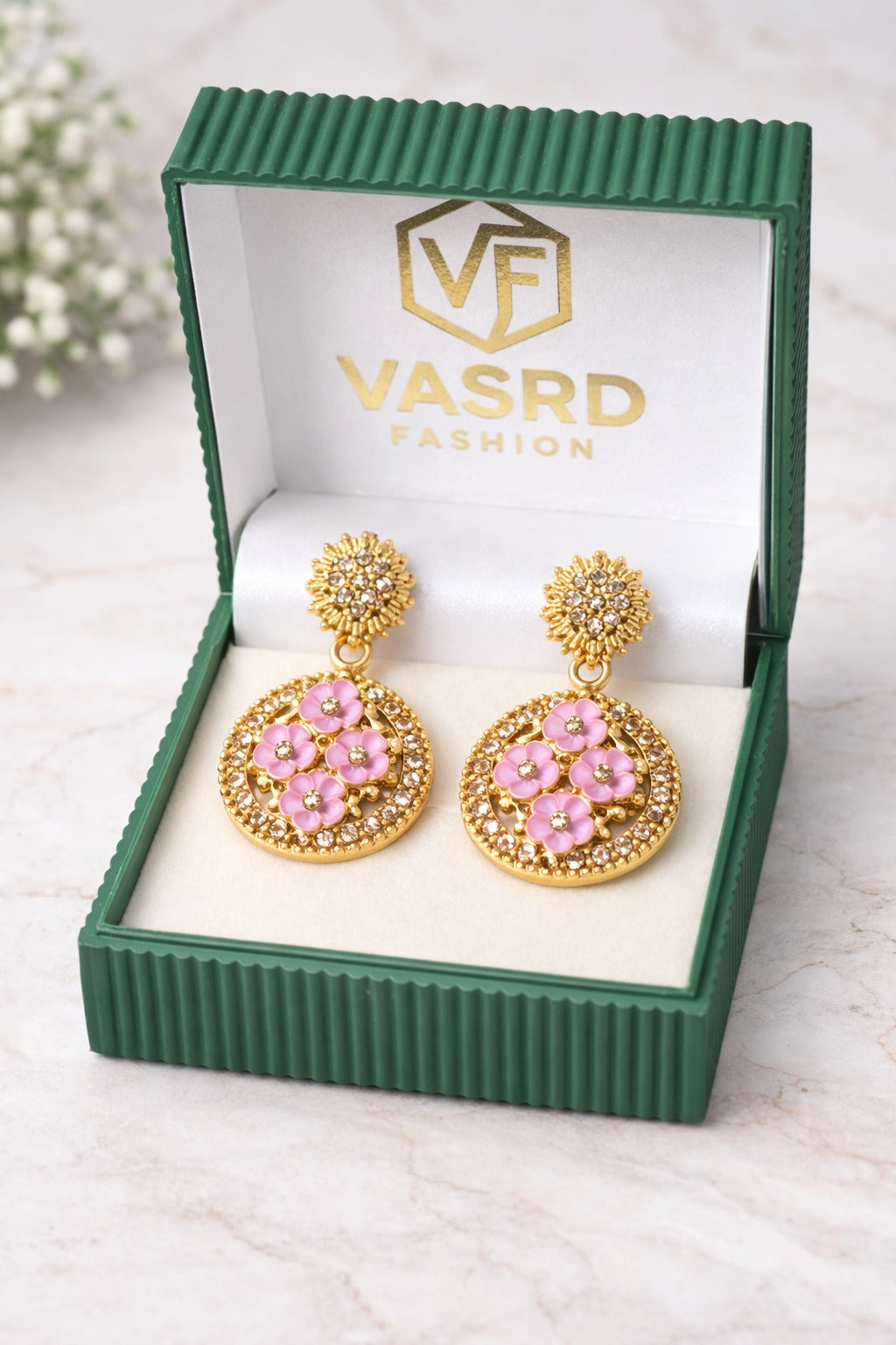 Pink Floral Gold Drop Earrings