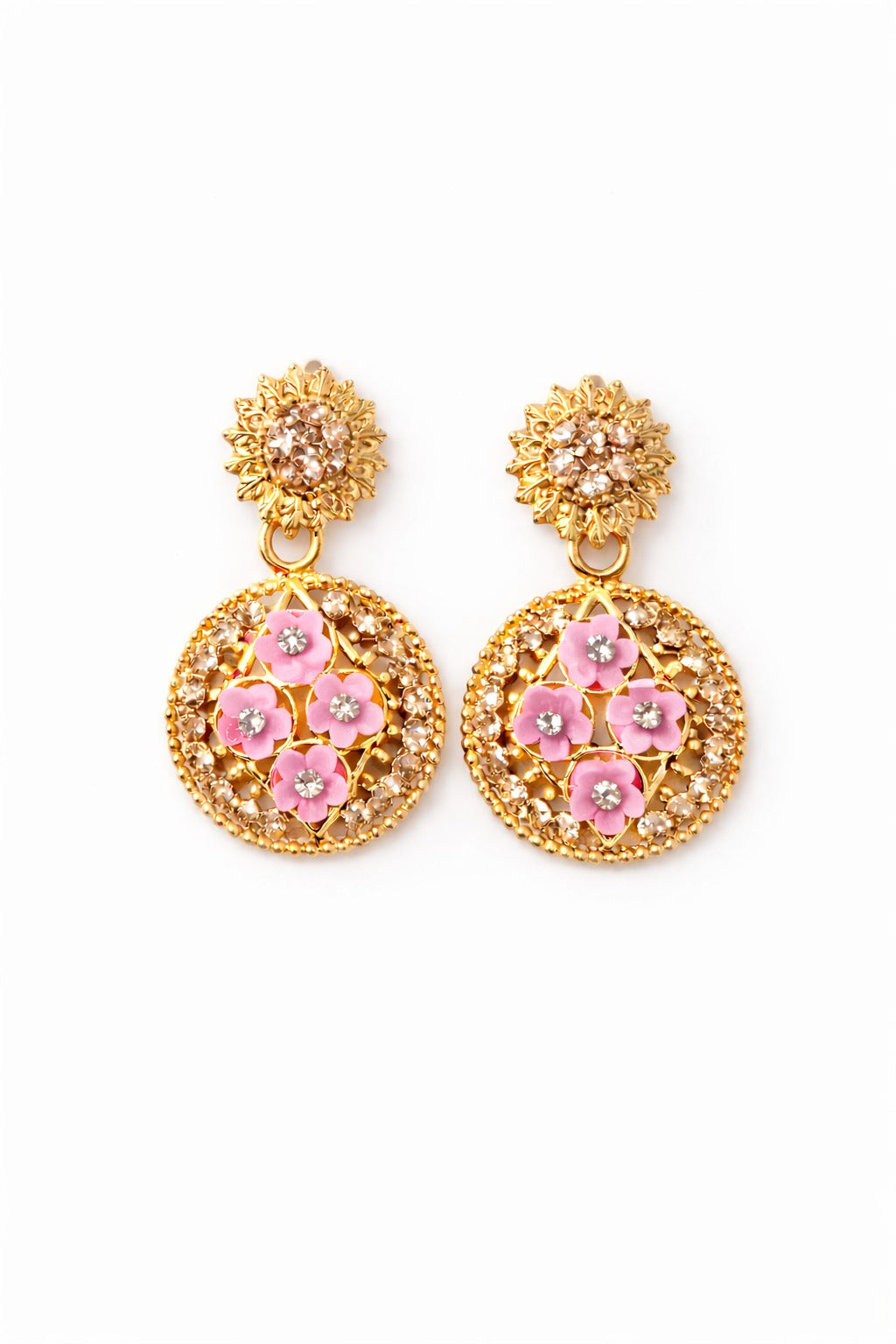 Pink Floral Gold Drop Earrings