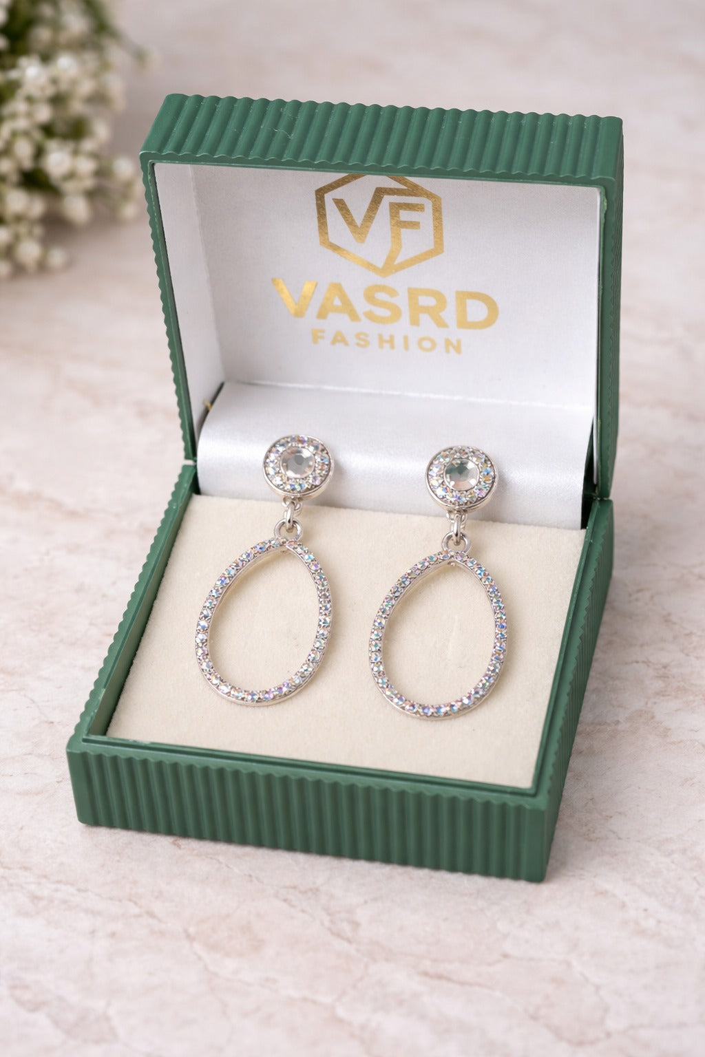 Iridescent Silver Halo Oval Drop Earrings