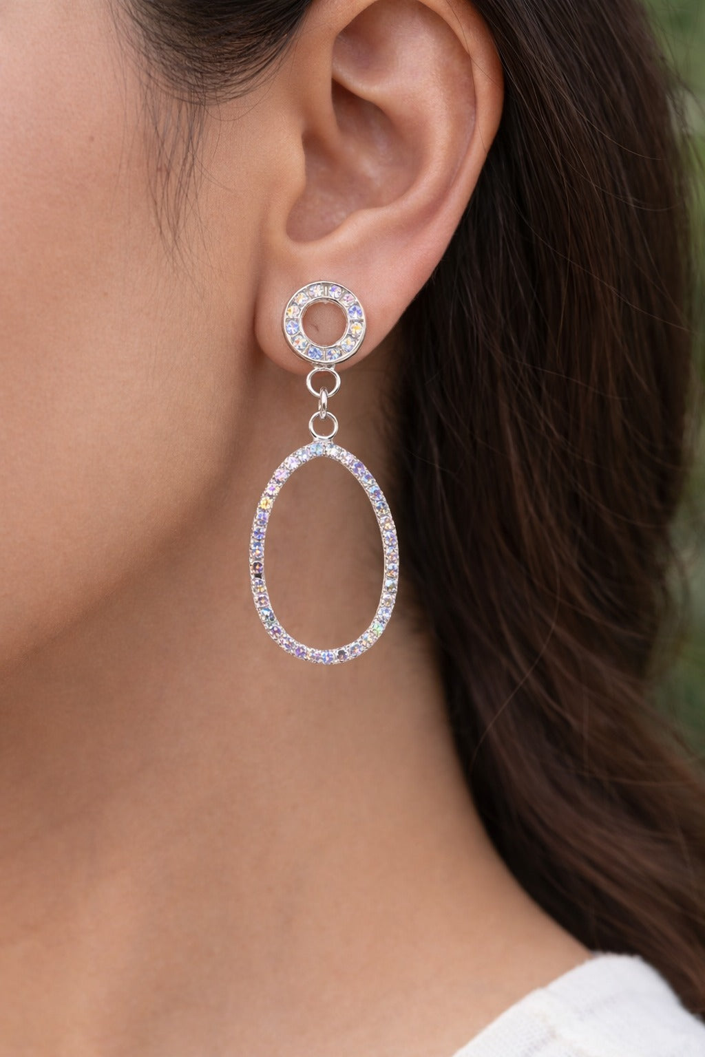 Iridescent Silver Halo Oval Drop Earrings