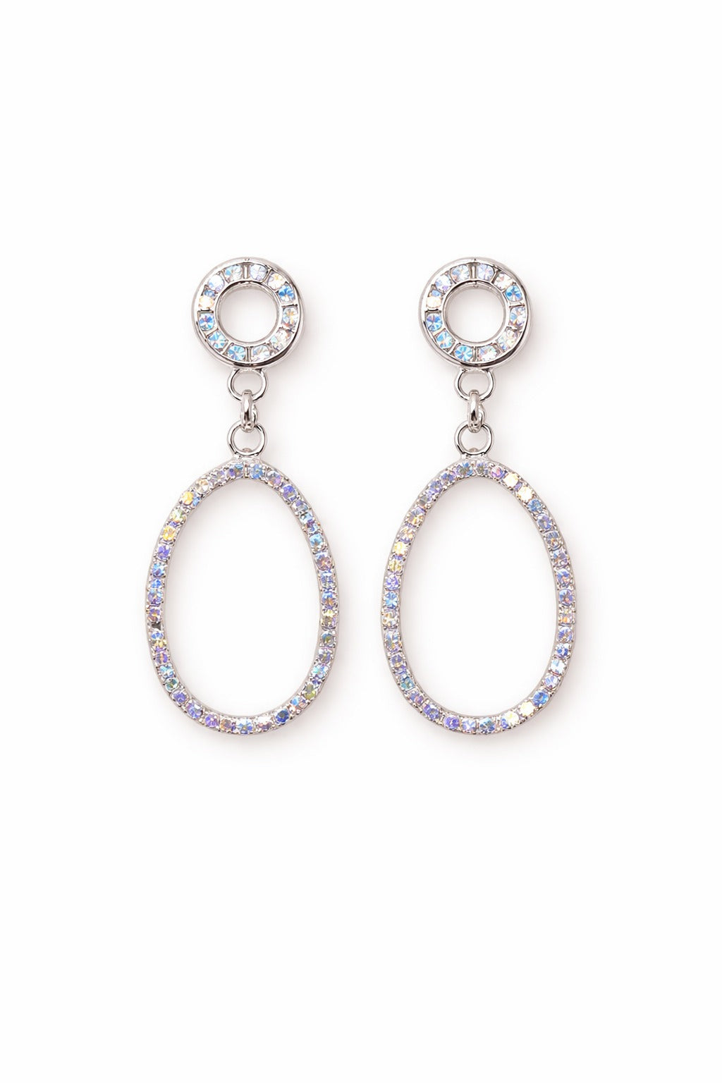 Iridescent Silver Halo Oval Drop Earrings