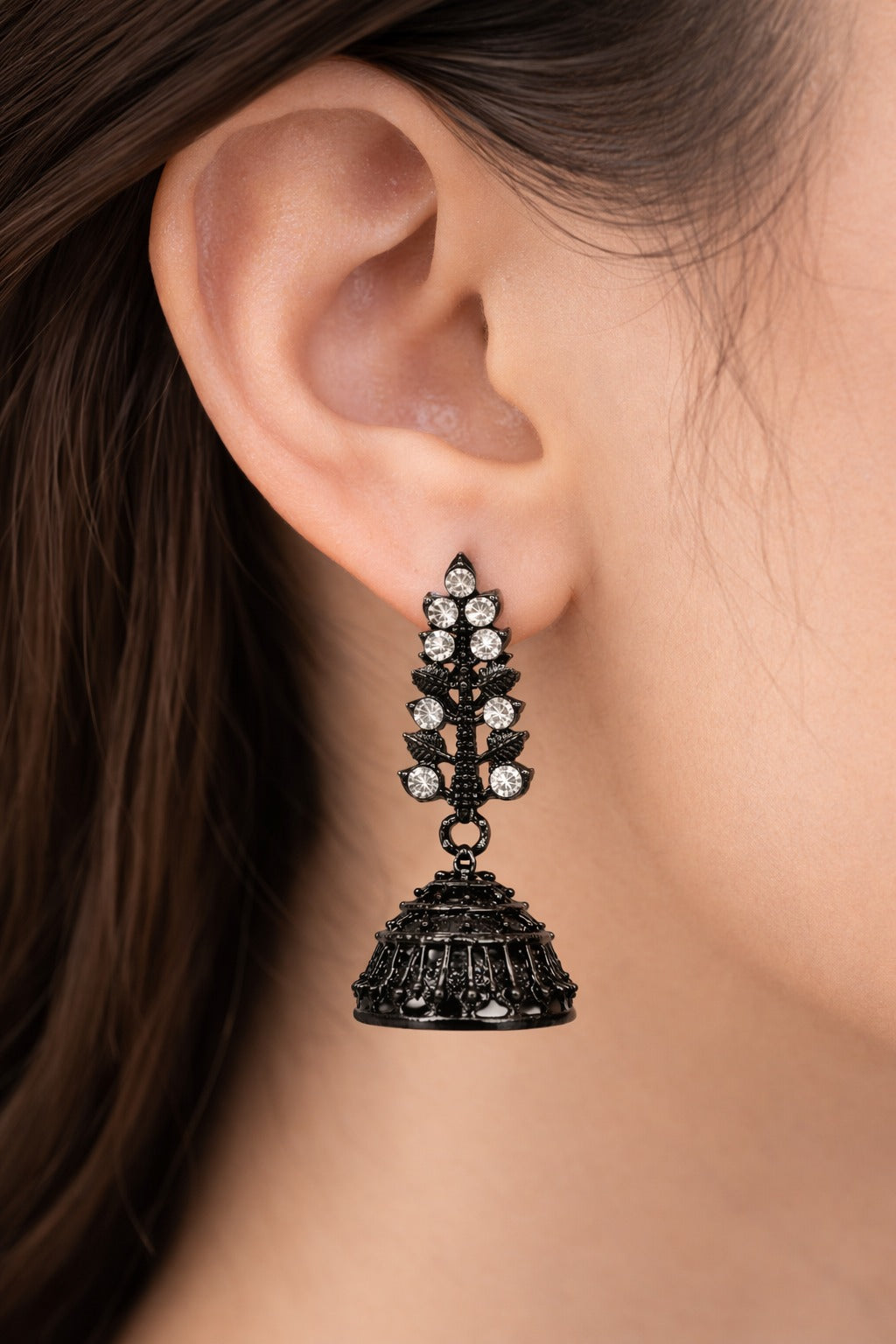 Midnight Crystal Floral Jhumka Earrings