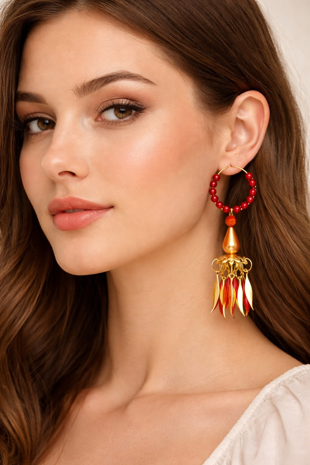 Royal Red Beaded Tassel Hoop Earrings