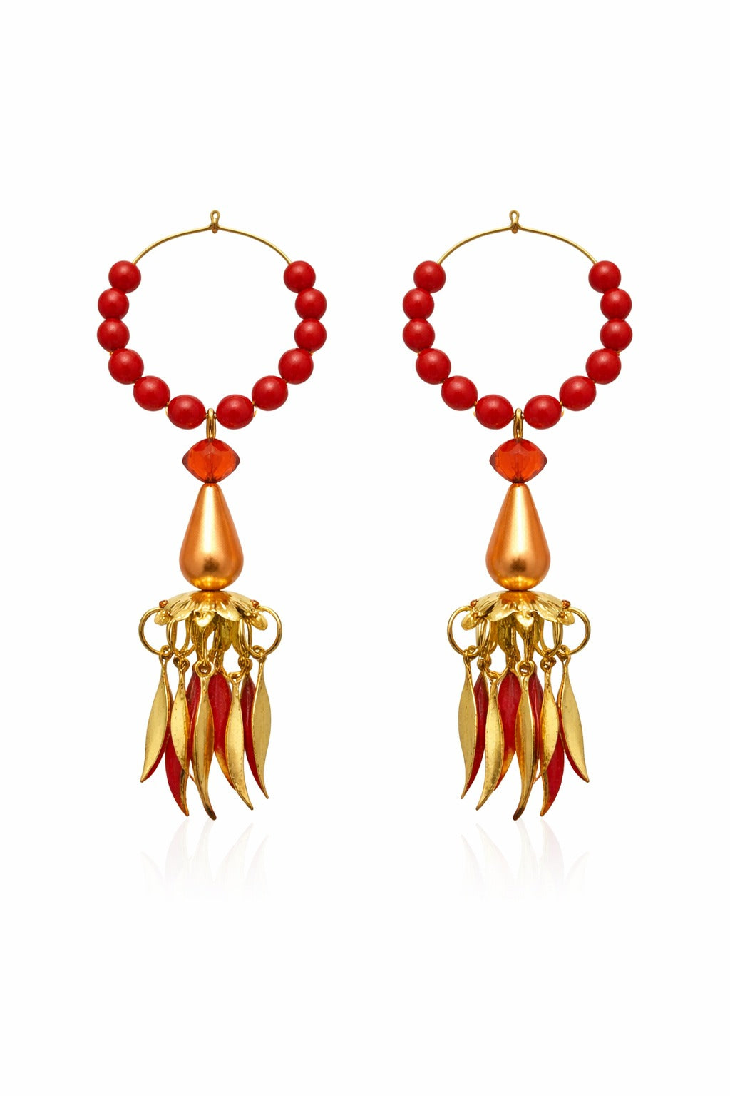 Royal Red Beaded Tassel Hoop Earrings