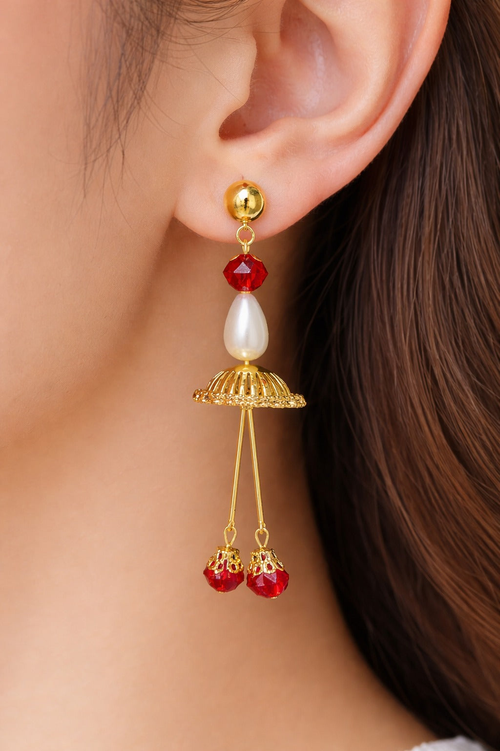 Traditional Red Beaded Gold Tassel Jhumka Earrings