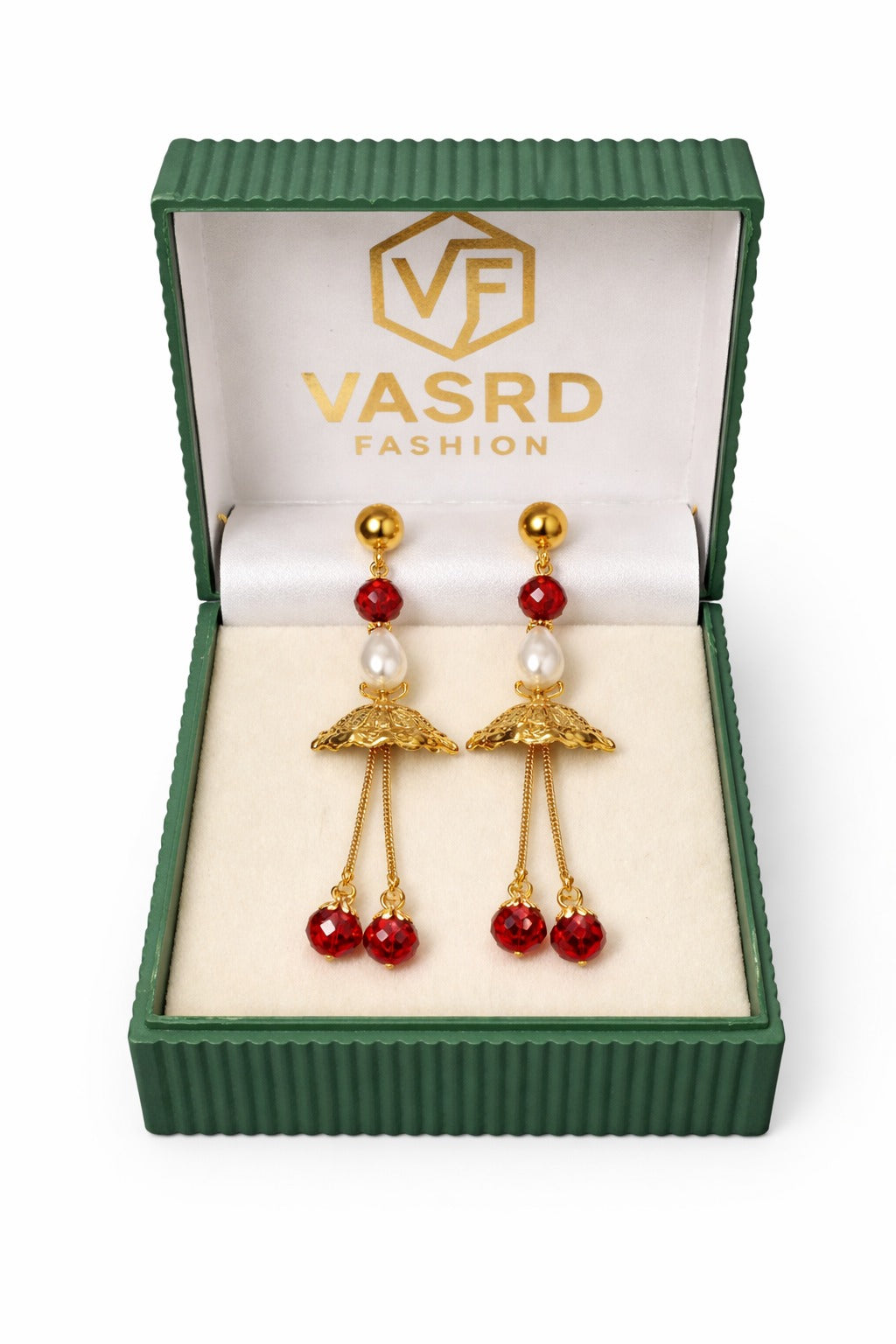 Traditional Red Beaded Gold Tassel Jhumka Earrings