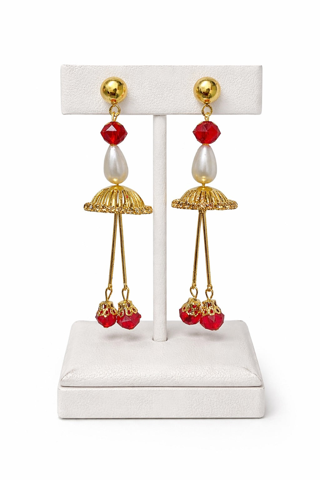 Traditional Red Beaded Gold Tassel Jhumka Earrings