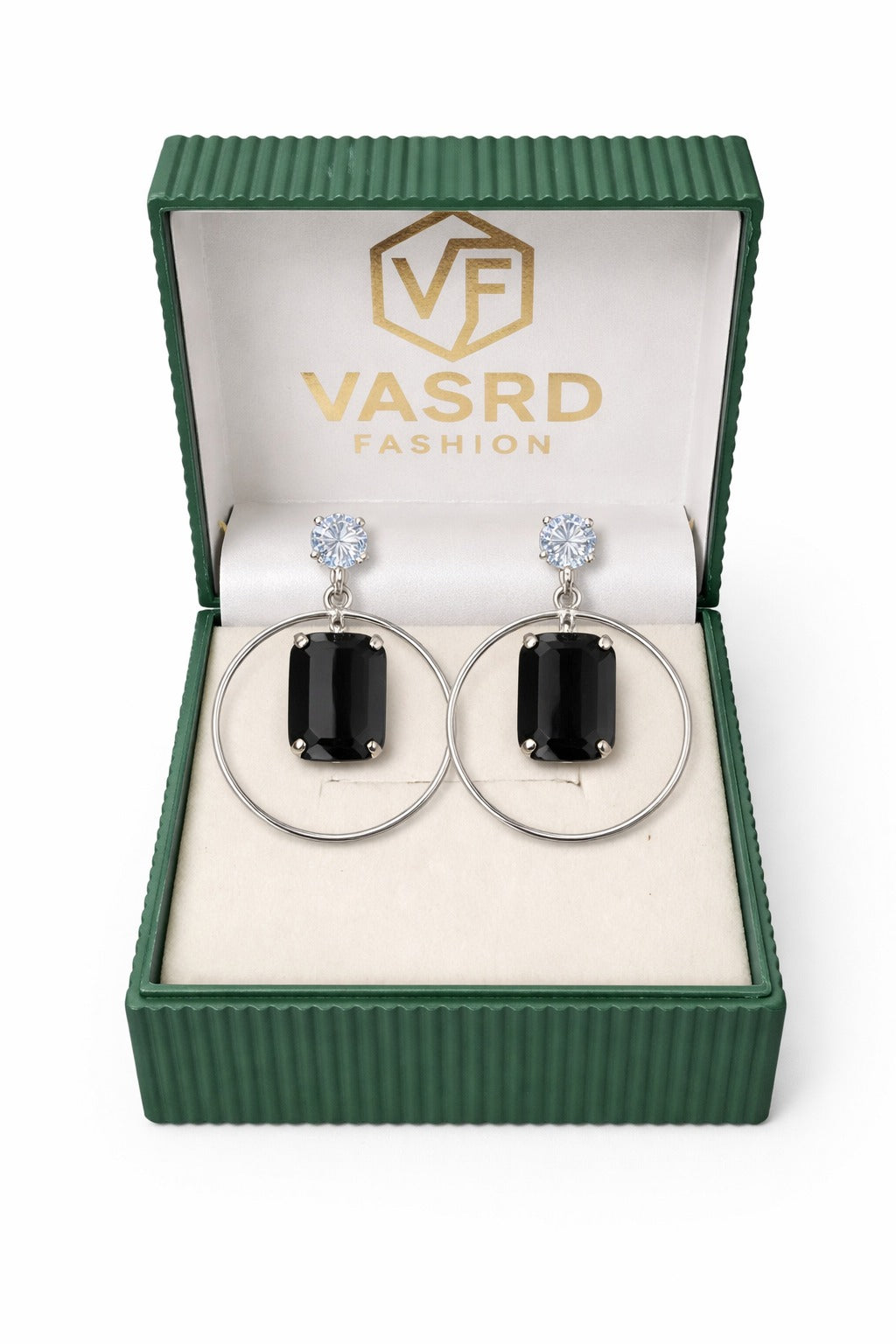 Elegant Black Stone Silver Hoop Drop Earrings