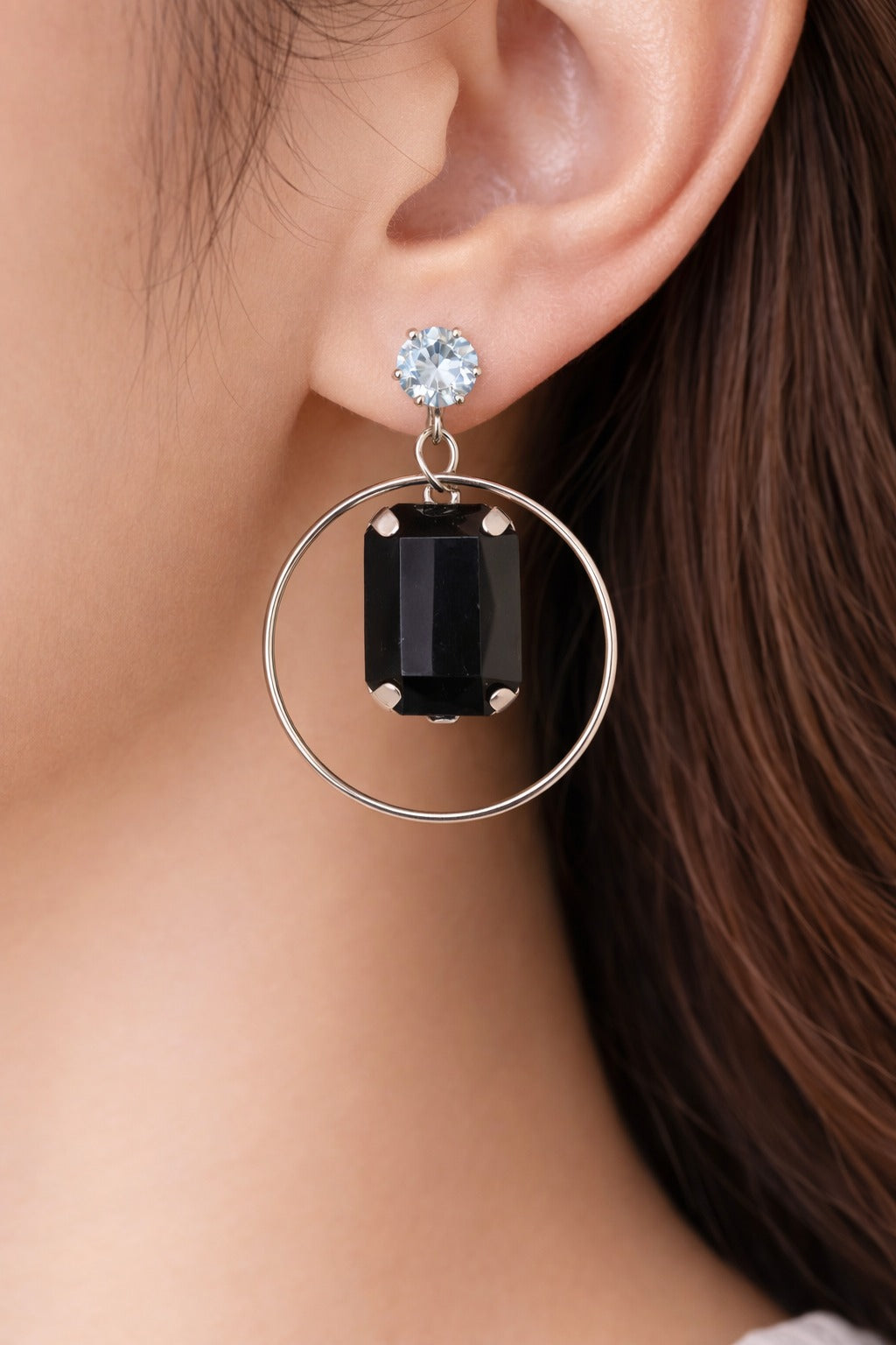 Elegant Black Stone Silver Hoop Drop Earrings