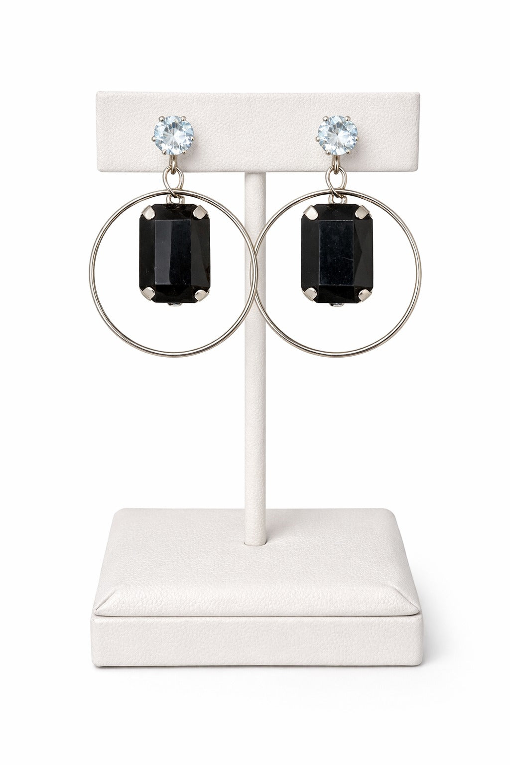 Elegant Black Stone Silver Hoop Drop Earrings