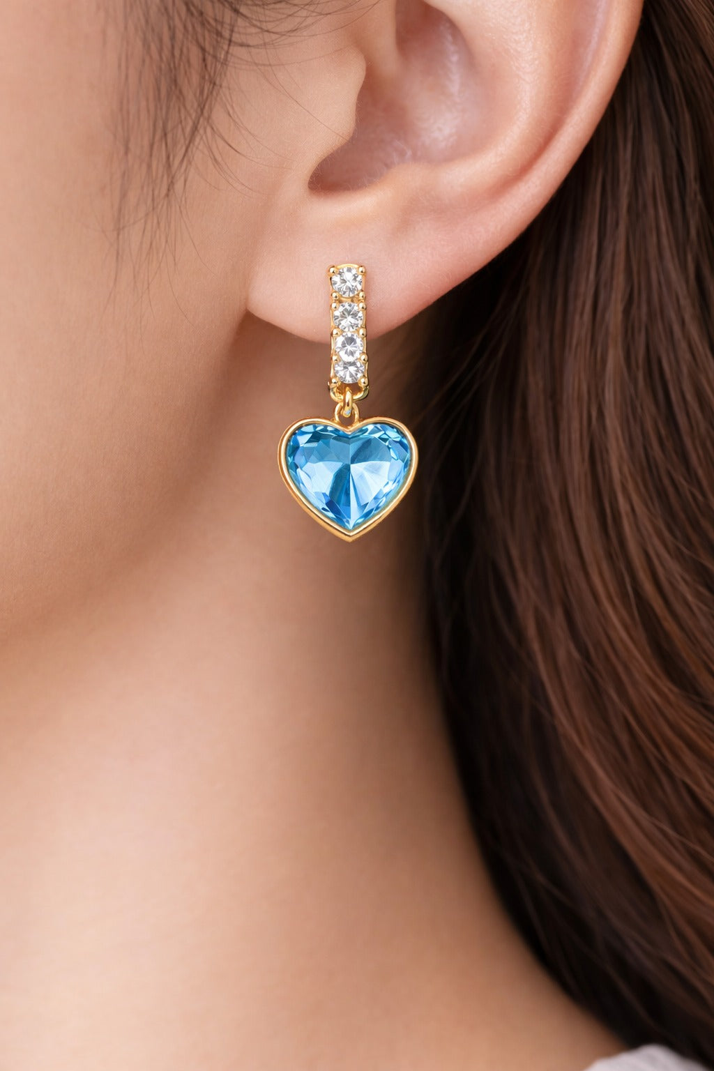 Elegant Blue Heart Crystal Gold Drop Earrings