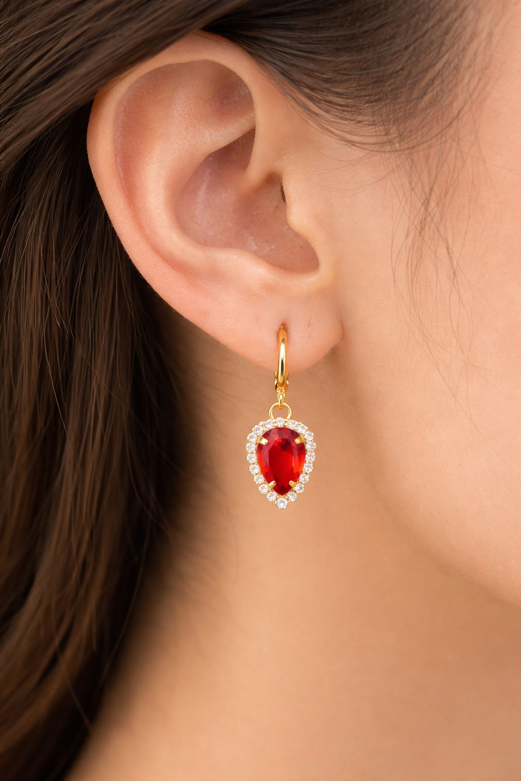 Royal Ruby Heart Halo Gold Hoop Earrings