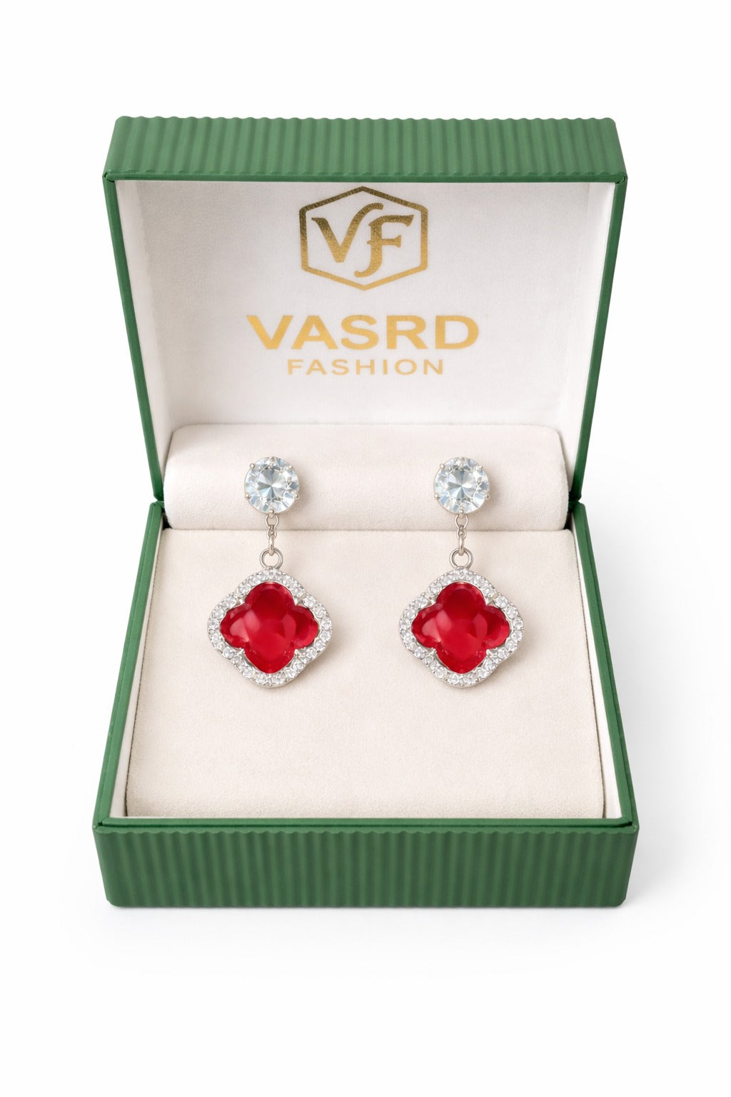 Elegant Red Clover Crystal Drop Earrings