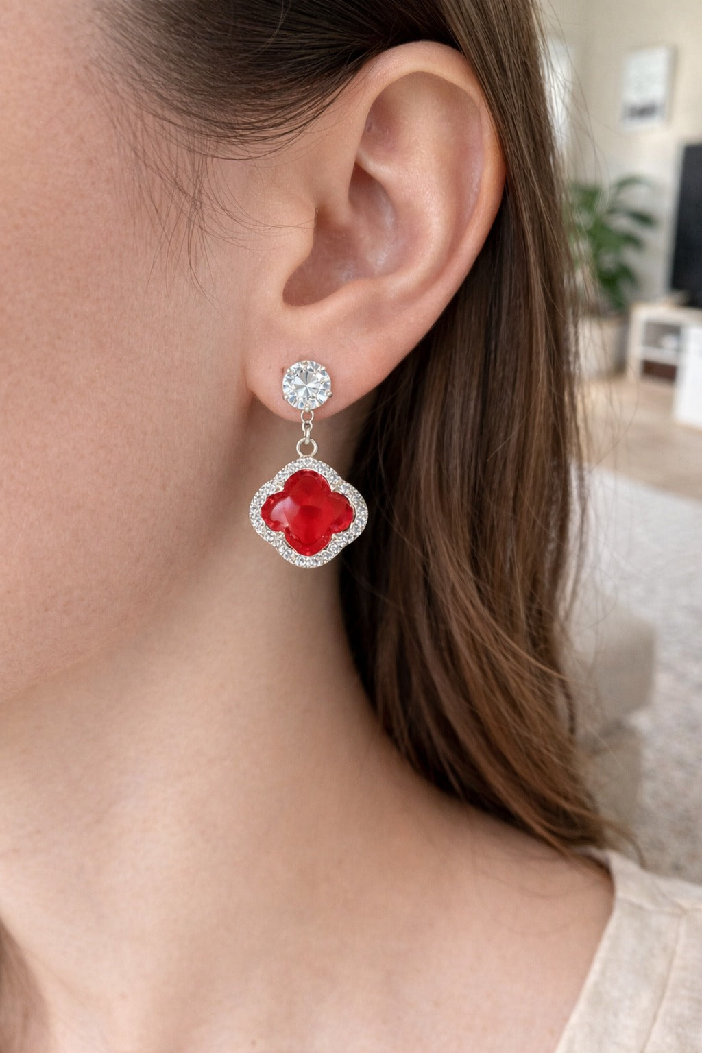 Elegant Red Clover Crystal Drop Earrings