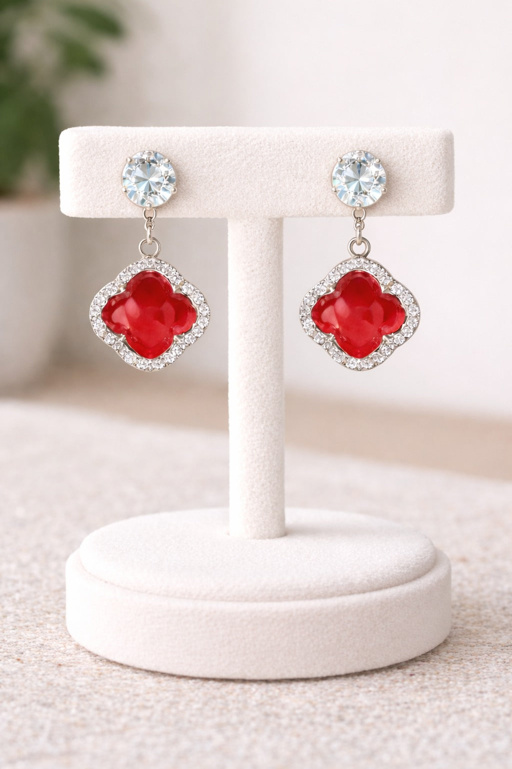 Elegant Red Clover Crystal Drop Earrings