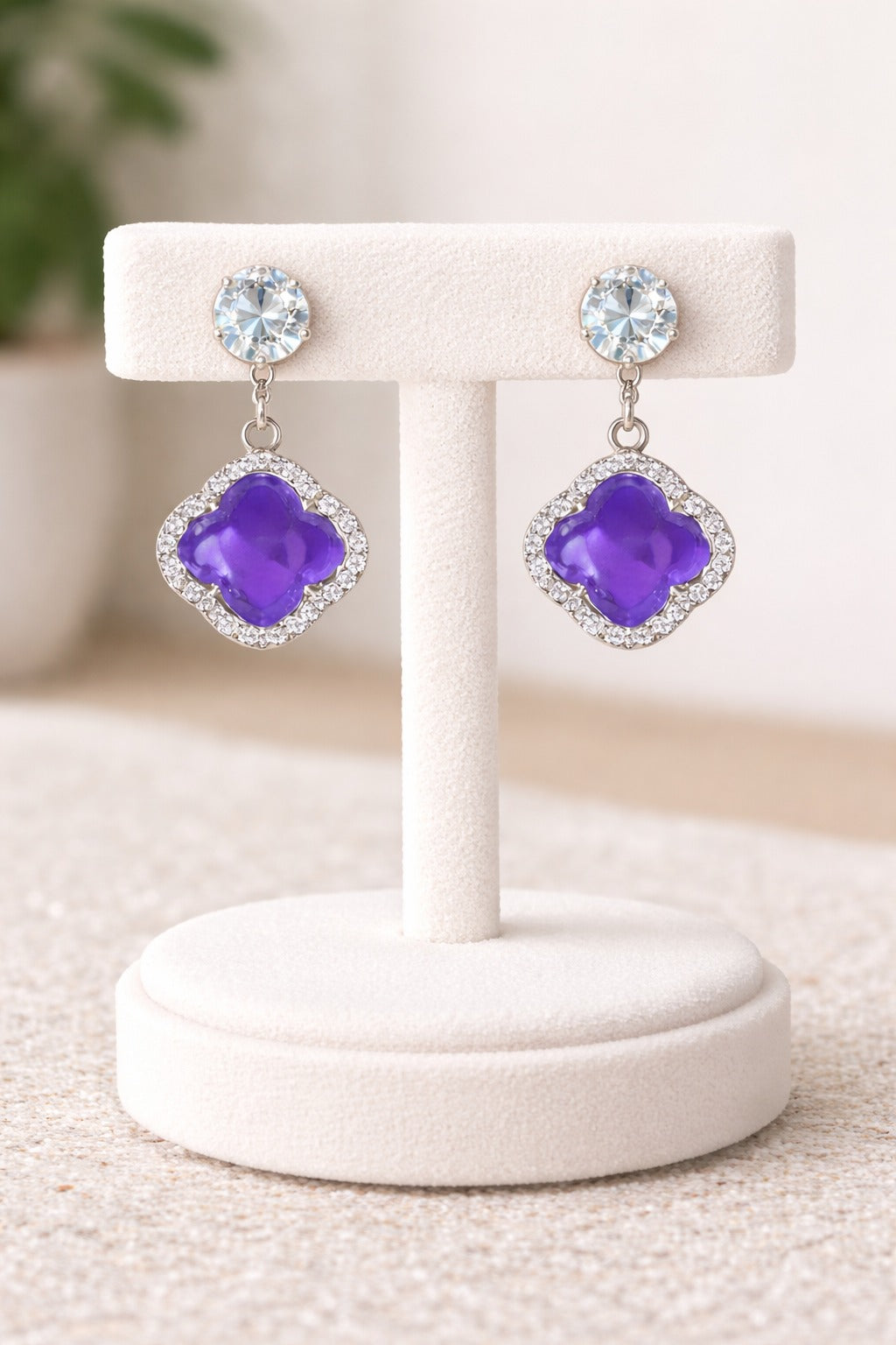 Elegant Purple Clover Crystal Drop Earrings